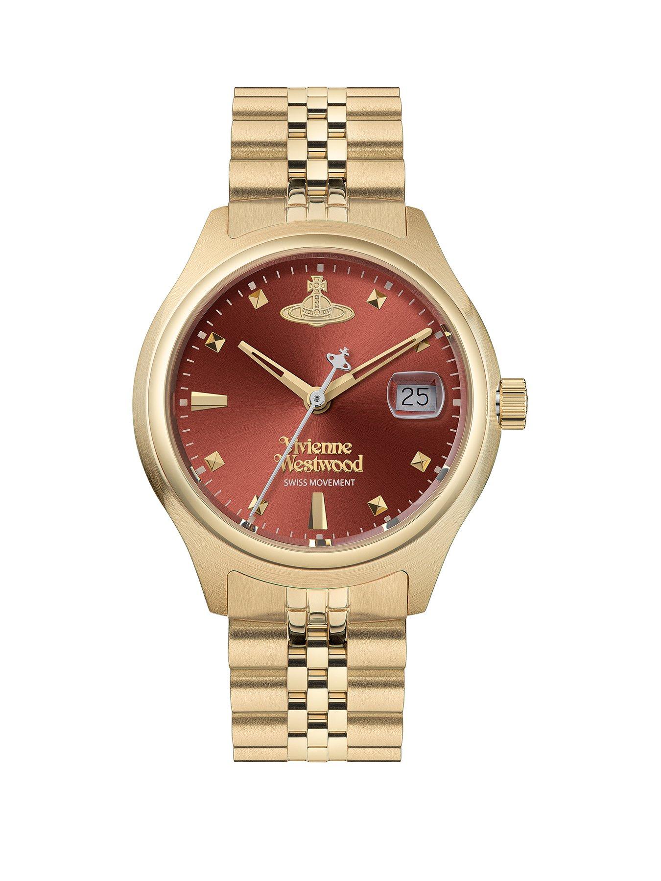 Product photograph of Vivienne Westwood Little Camberwell Quartz Watch With Red Dial And Gold Stainless Steel Bracelet from very.co.uk