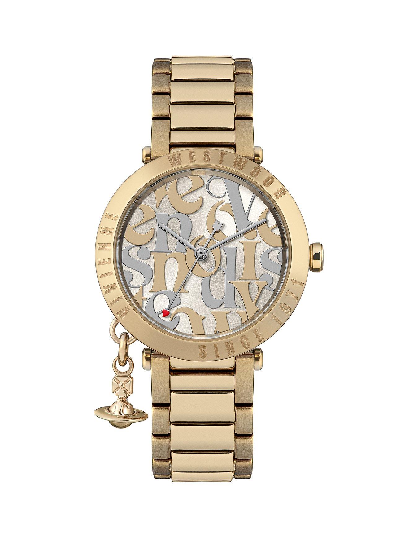 Product photograph of Vivienne Westwood Orb Logomania Quartz With Champagne Dial And Gold Stainless Steel Bracelet from very.co.uk