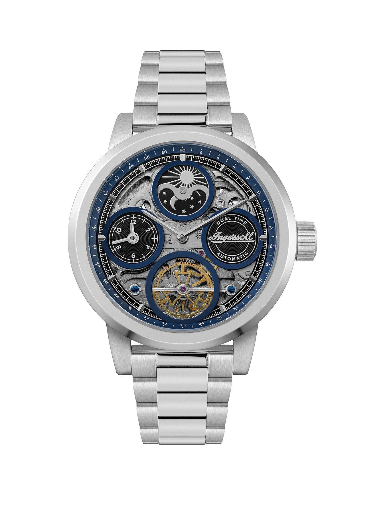 Product photograph of Ingersoll 1892 The Arc Automatic Mens Watch With Blue Skeleton Dial And Stainless Steel Bracelet from very.co.uk