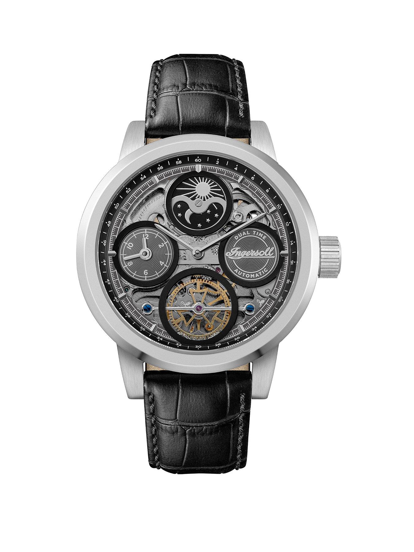 Product photograph of Ingersoll 1892 The Arc Automatic Mens Watch With Black Skeleton Dial And Black Leather Strap from very.co.uk