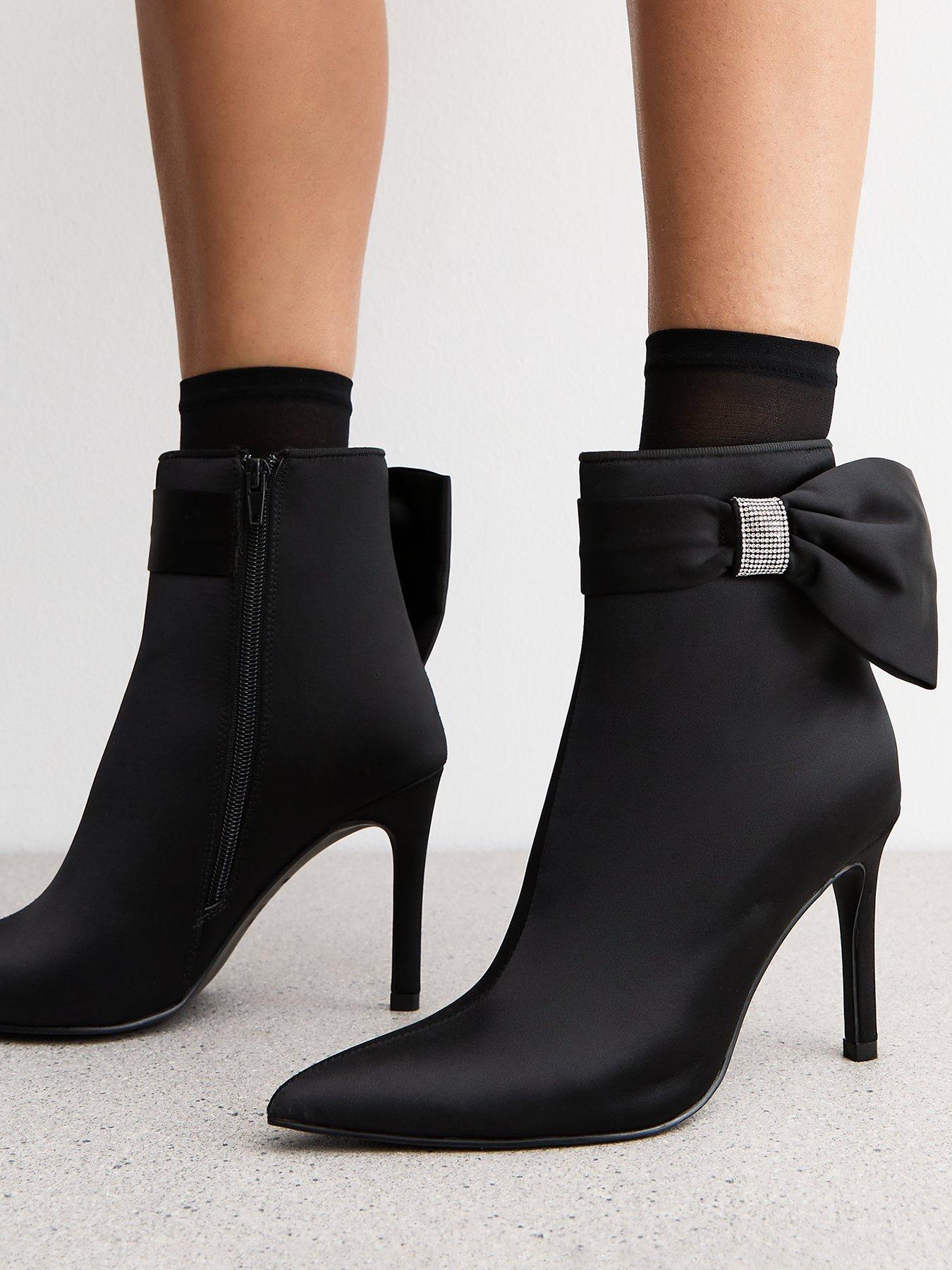 Satin Bow Embellished Stiletto Heel Ankle Boots Black
