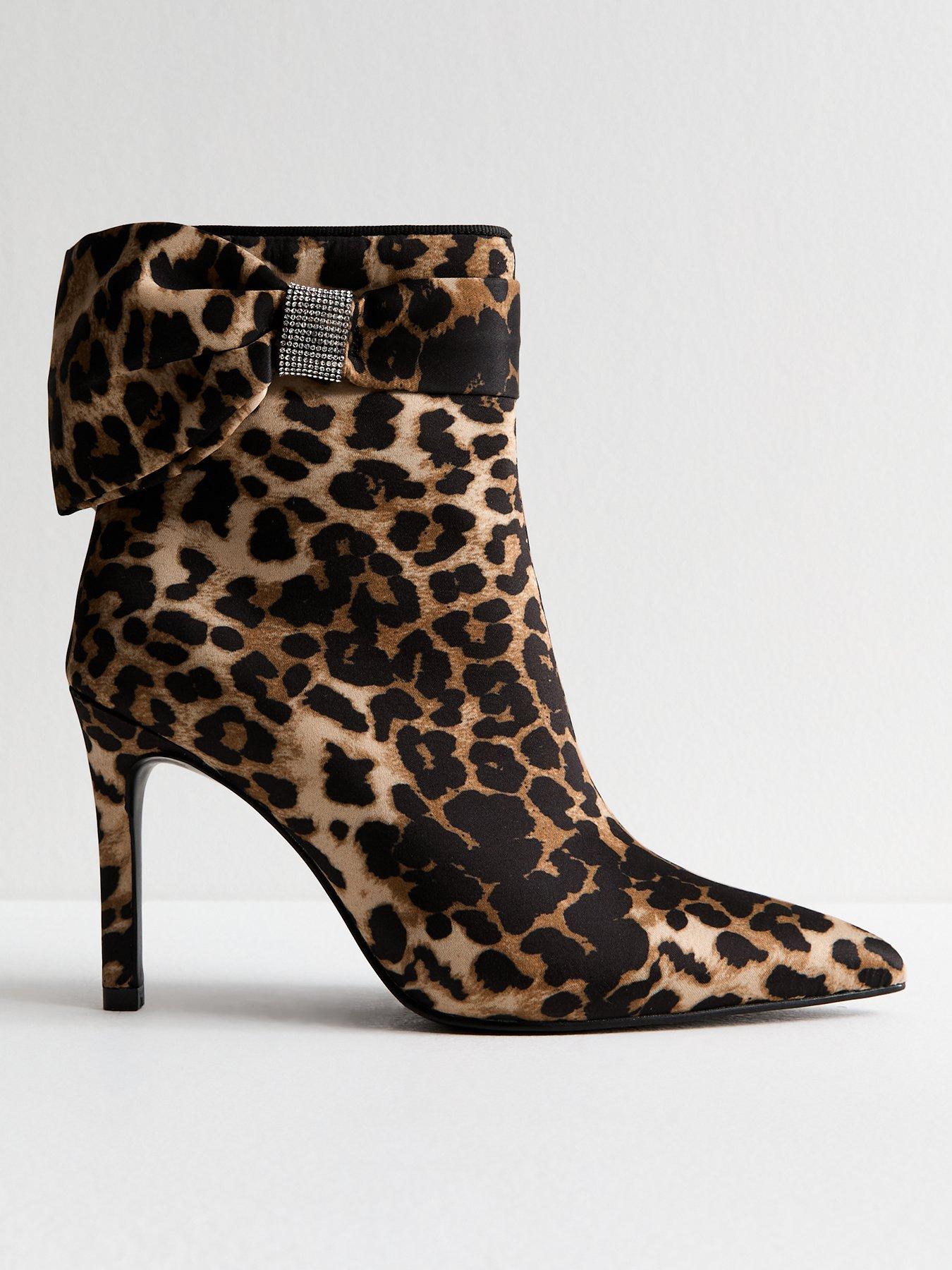 New Look Brown Leopard Satin Bow Embellished Stiletto Heel Ankle Boots Print