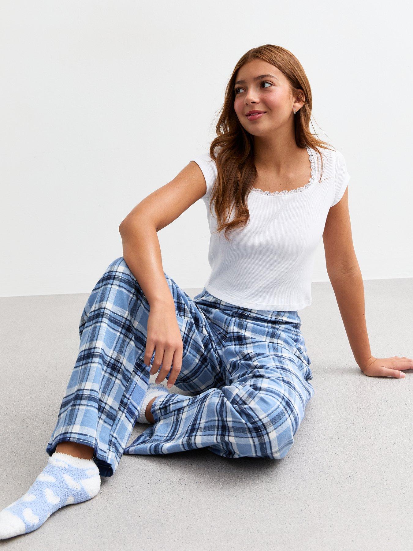 undefined Girls Blue Plaid Long Pyjama Set