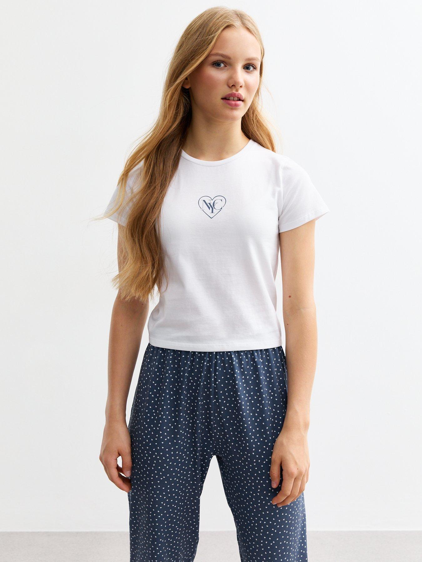 undefined Girls White Nyc Heart Long Pyjama Set