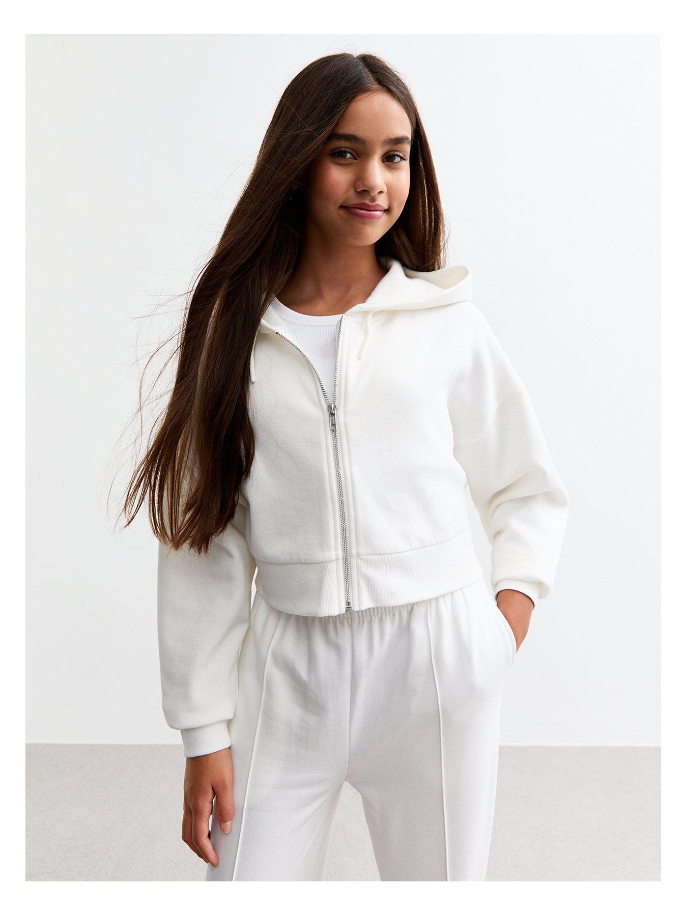 undefined Girls Oversized Cropped Jersey Hoodie - Cream
