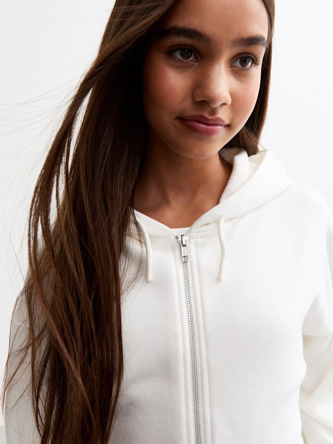 Image 4 of 4 of New Look 915 Girls Oversized Cropped Jersey Hoodie - Cream