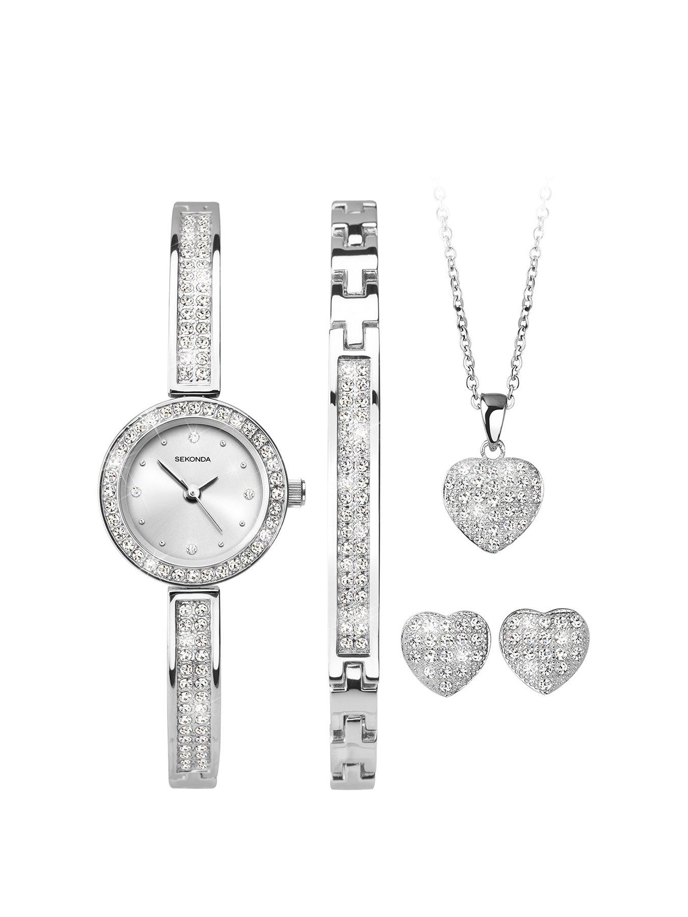 undefined Womens Sparkle Silver Alloy Bracelet with Silver Dial Analogue Gift Set