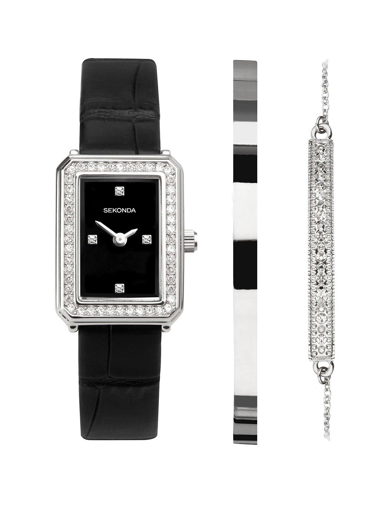 Product photograph of Sekonda Womens Sparkle Black Leather Bracelet With Black Dial Analogue Gift Set from very.co.uk