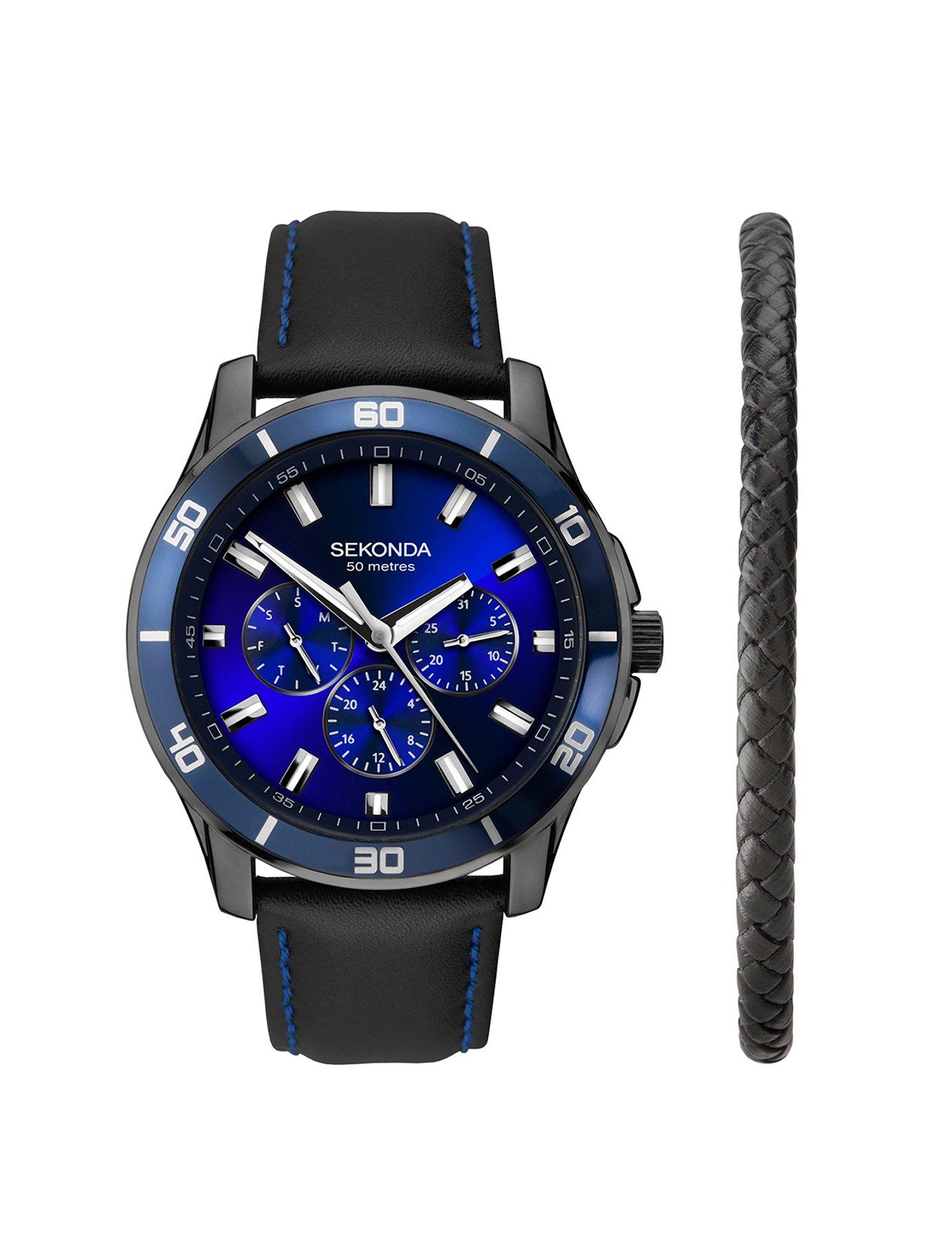 Product photograph of Sekonda Mens Midnight Black Leather Bracelet With Sunray Dark Blue Dial Analogue Gift Set from very.co.uk