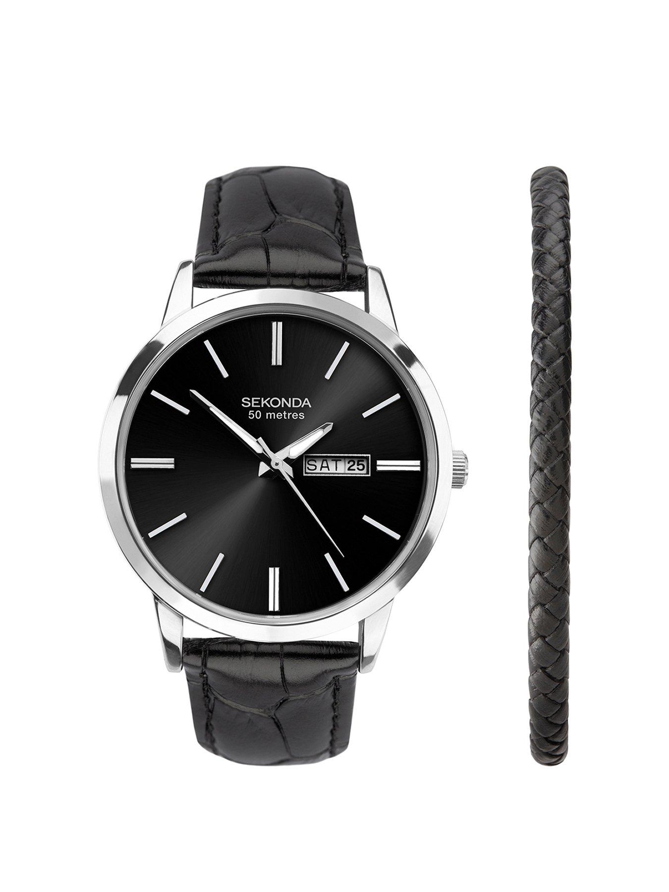 undefined Mens Jackson Black Leather Bracelet with Sunray Black Dial Analogue Gift Set