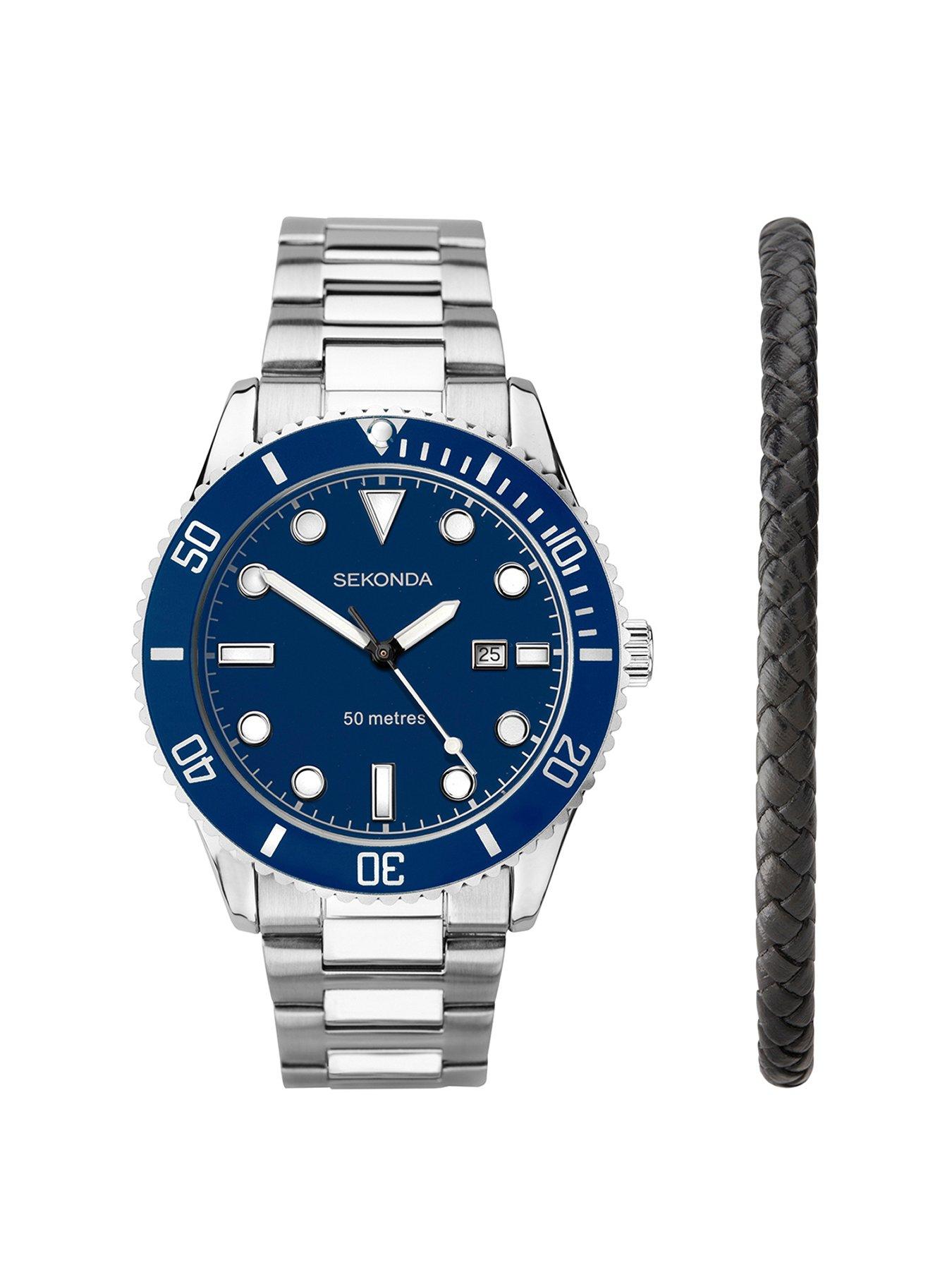 Product photograph of Sekonda Mens Ocean Silver Stainless Steel Bracelet With Matte Blue Dial Analogue Gift Set from very.co.uk