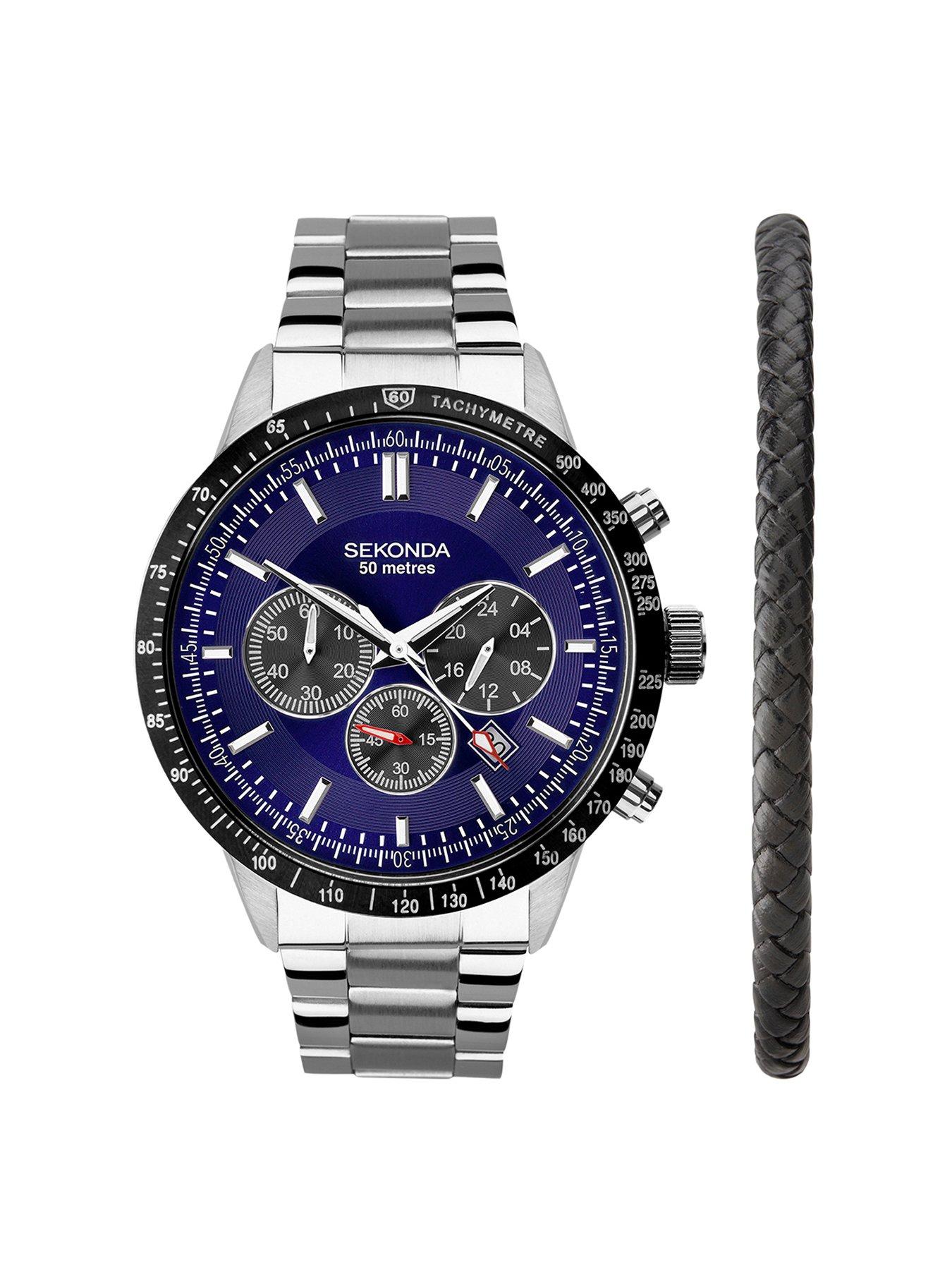 Product photograph of Sekonda Mens Velocity Silver Stainless Steel Bracelet With Blue Dial Chronograph Gift Set from very.co.uk