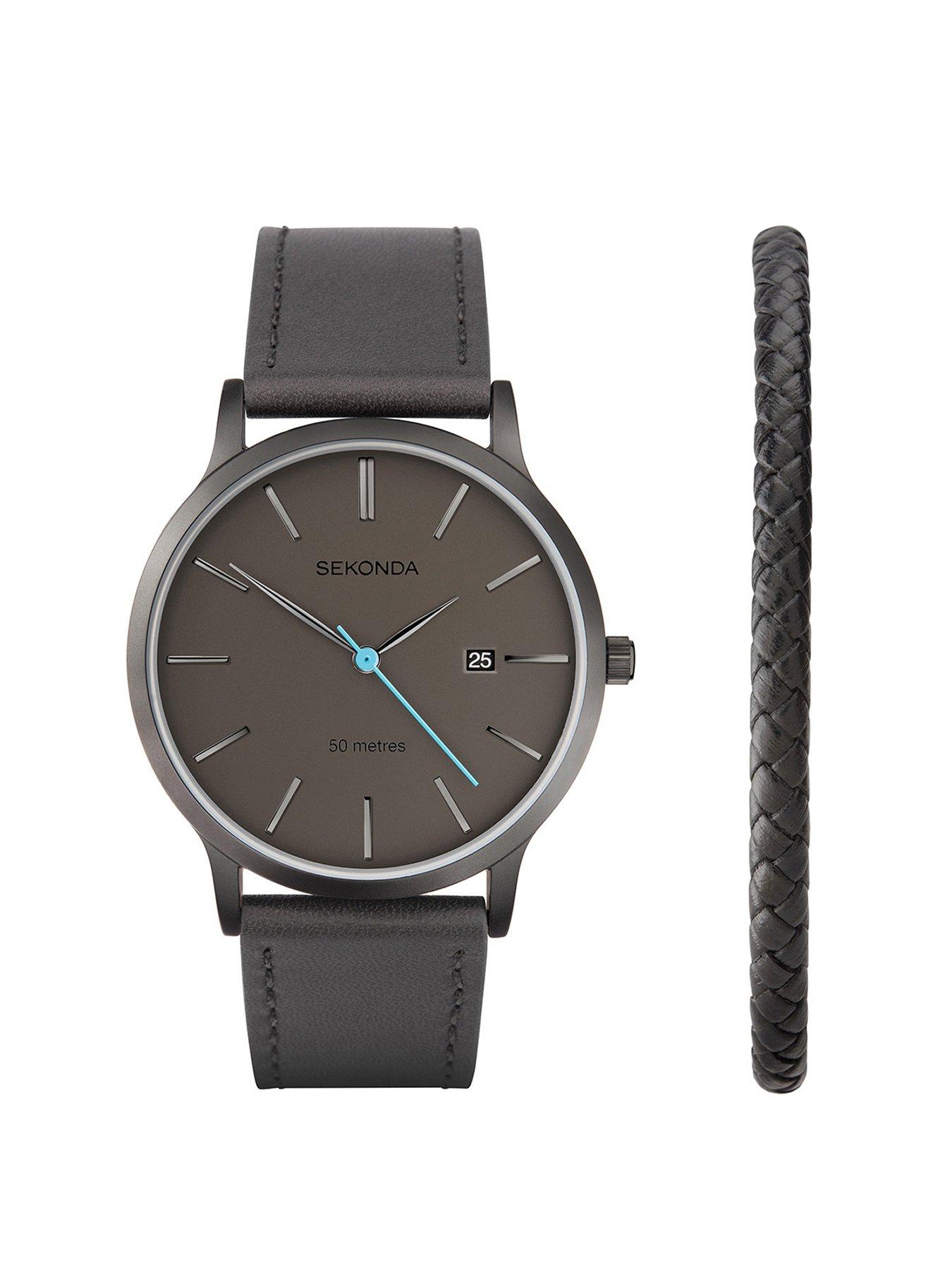 Product photograph of Sekonda Mens Dark Grey Leather Bracelet With Dark Grey Dial Analogue Gift Set from very.co.uk