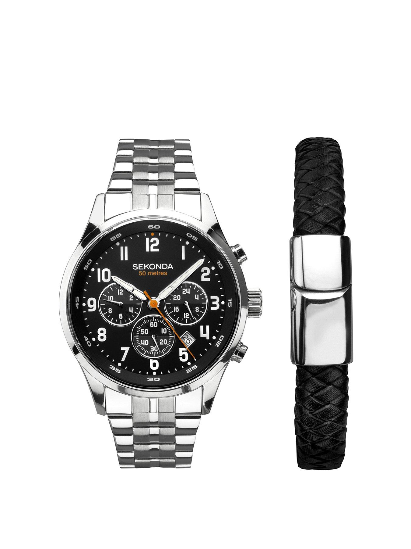 Product photograph of Sekonda Mens Silver Stainless Steel Bracelet With Black Dial Chronograph Gift Set from very.co.uk