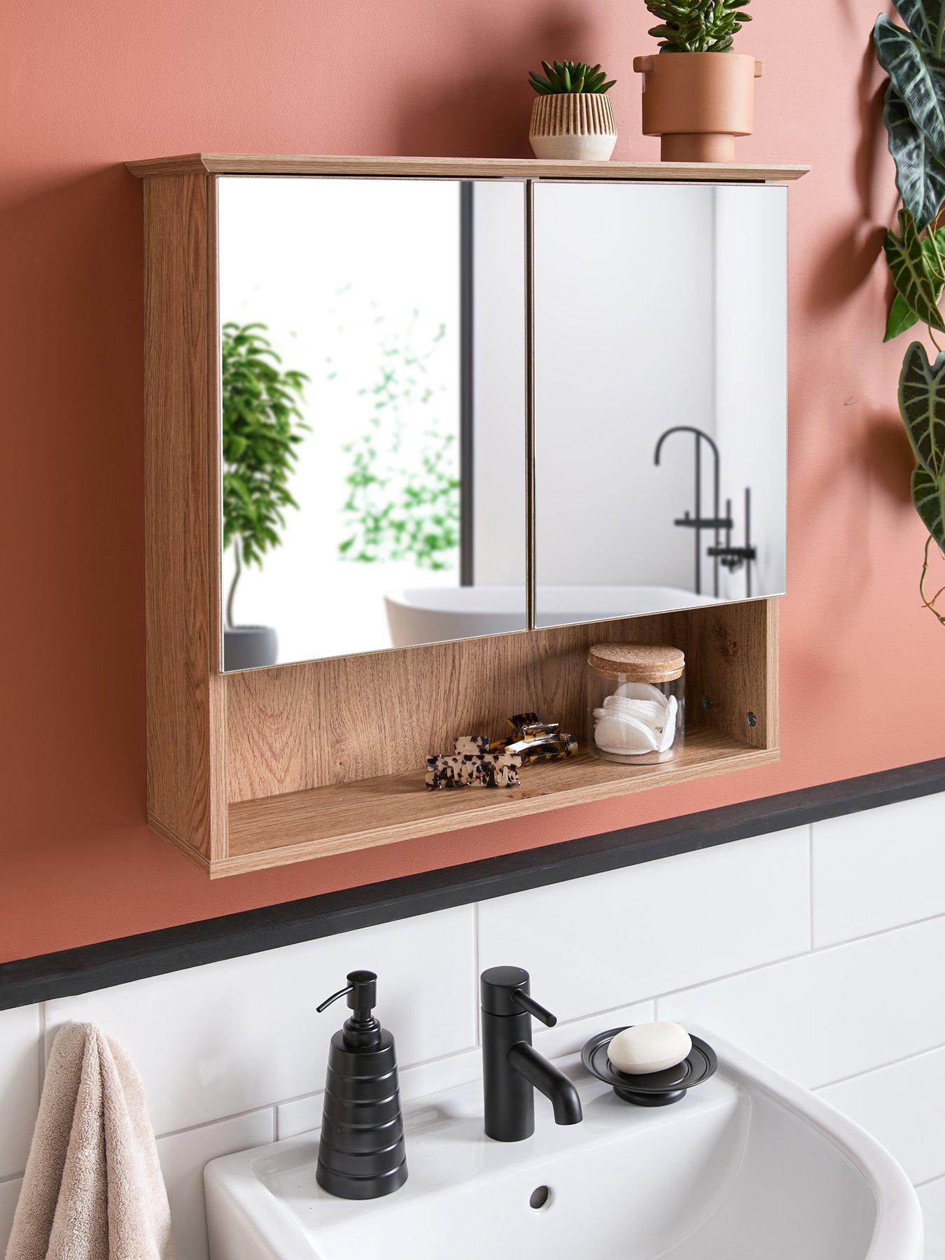 Product photograph of Very Home Pinnock Mirrored Bathroom Wall Cabinet - Oak from very.co.uk