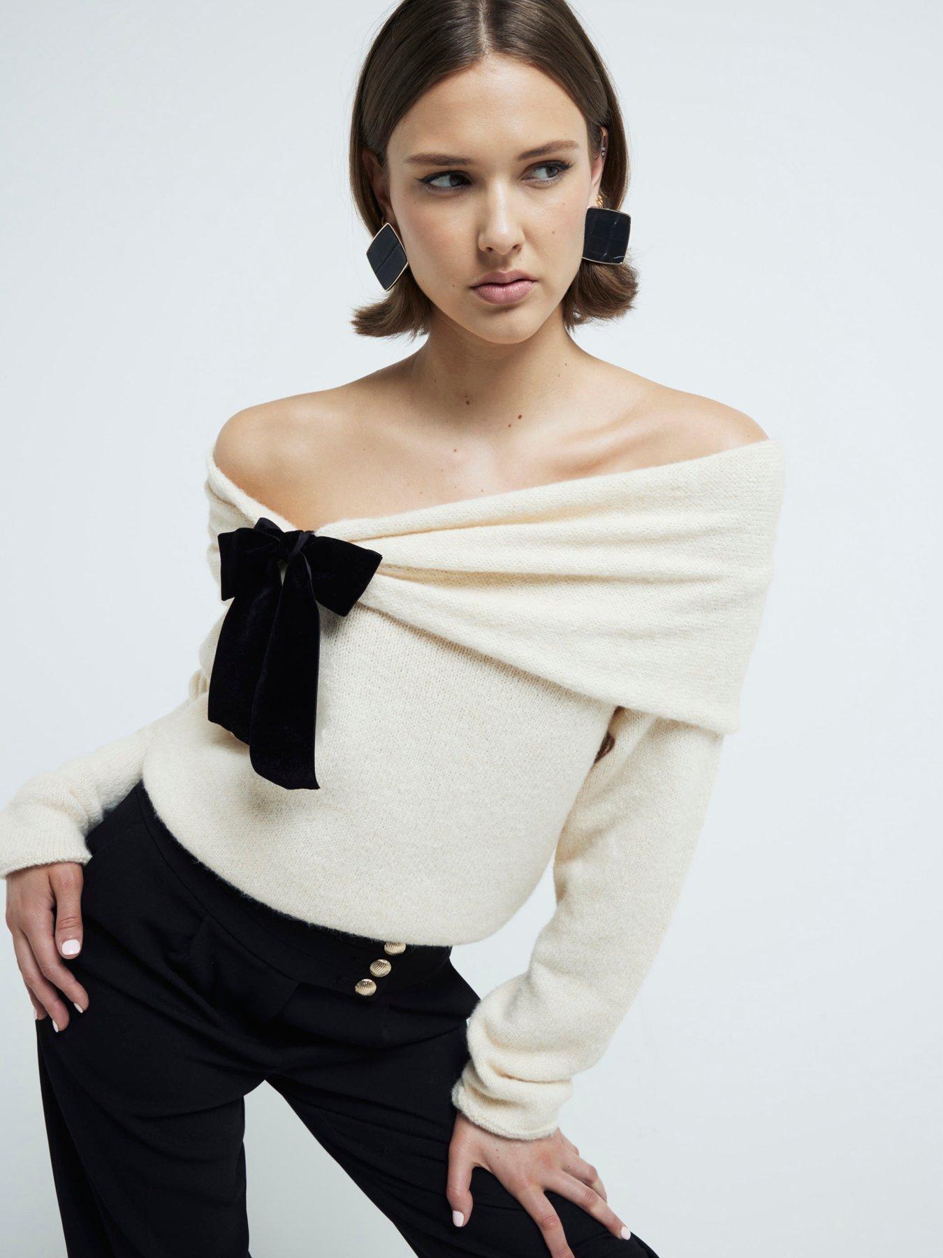 undefined Bardot Bow Jumper - Beige
