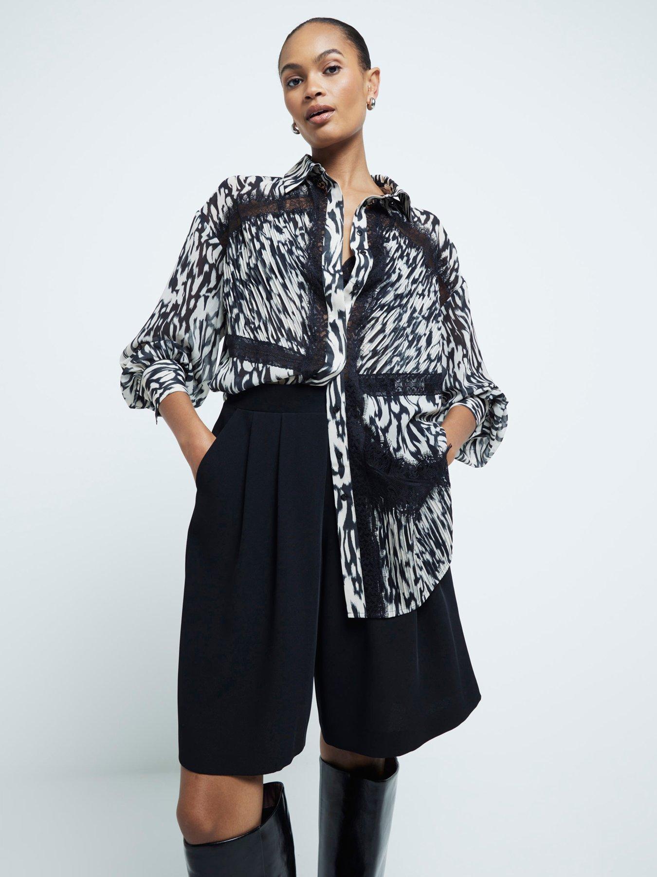 undefined Lace Chiffon Printed Shirt - Black