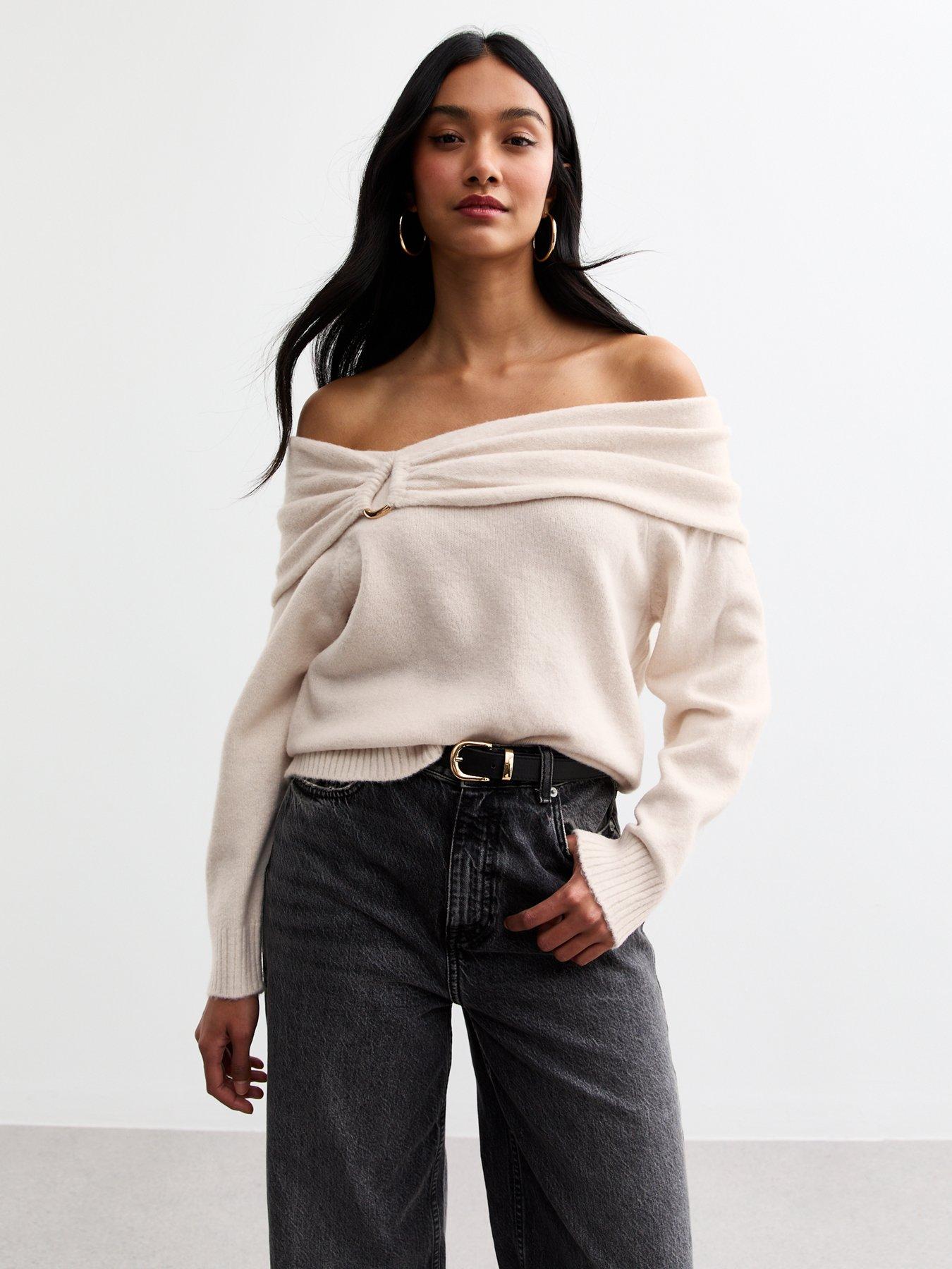 undefined Ruched Hoop Bardot Jumper - Cream