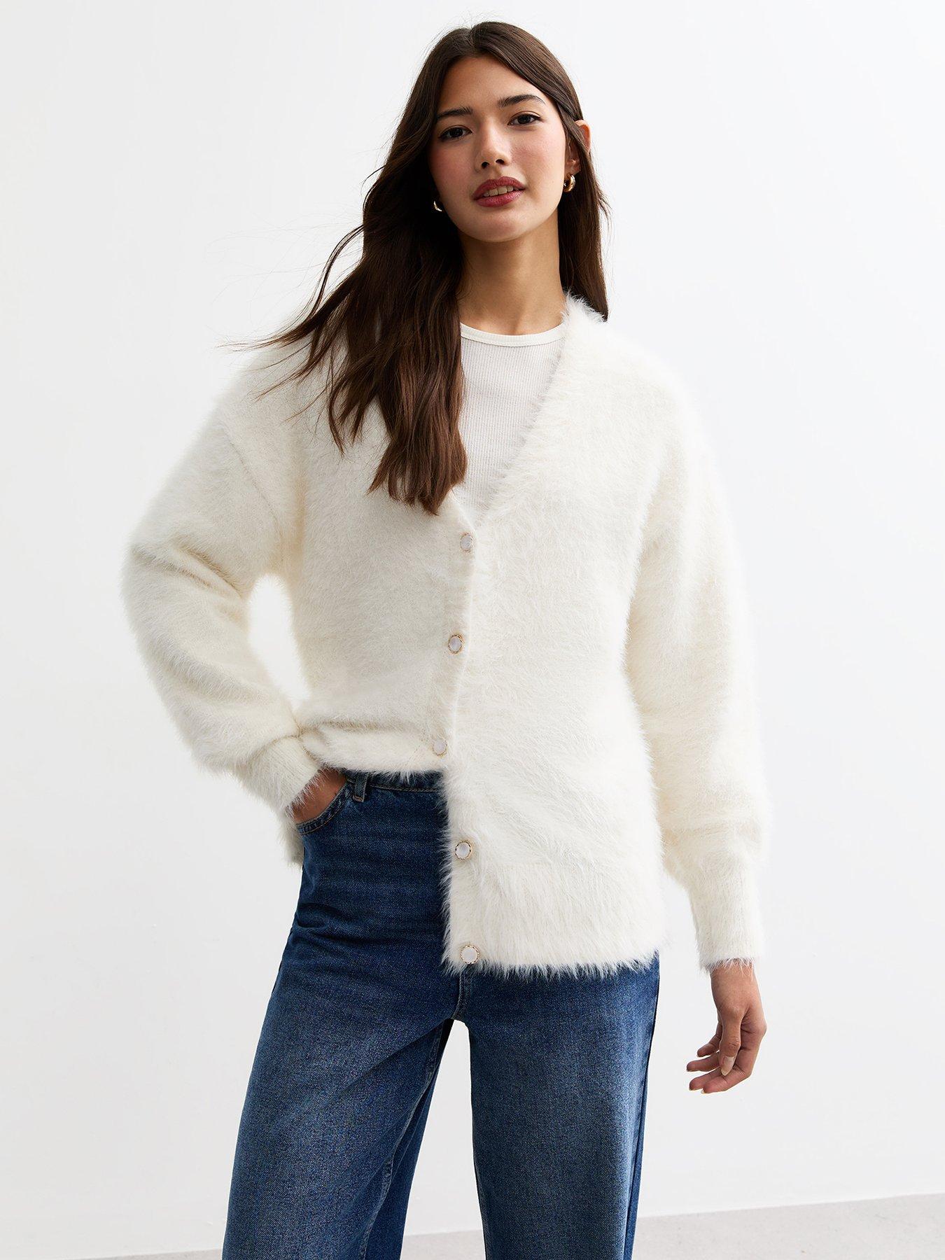 undefined Fluffy Long Sleeve Cardigan - Cream