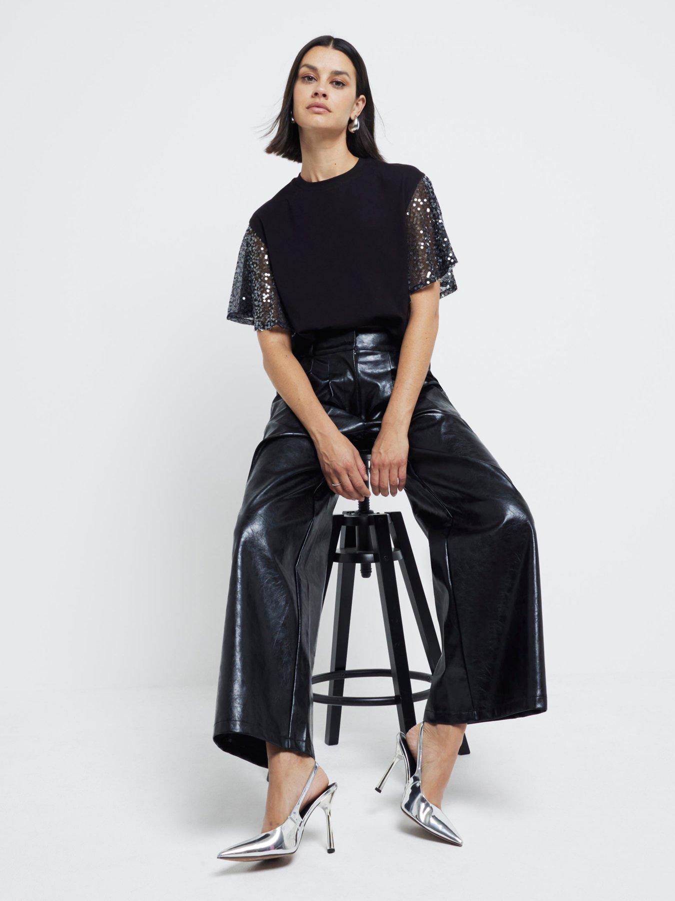 Sequin Sleeve Top Black