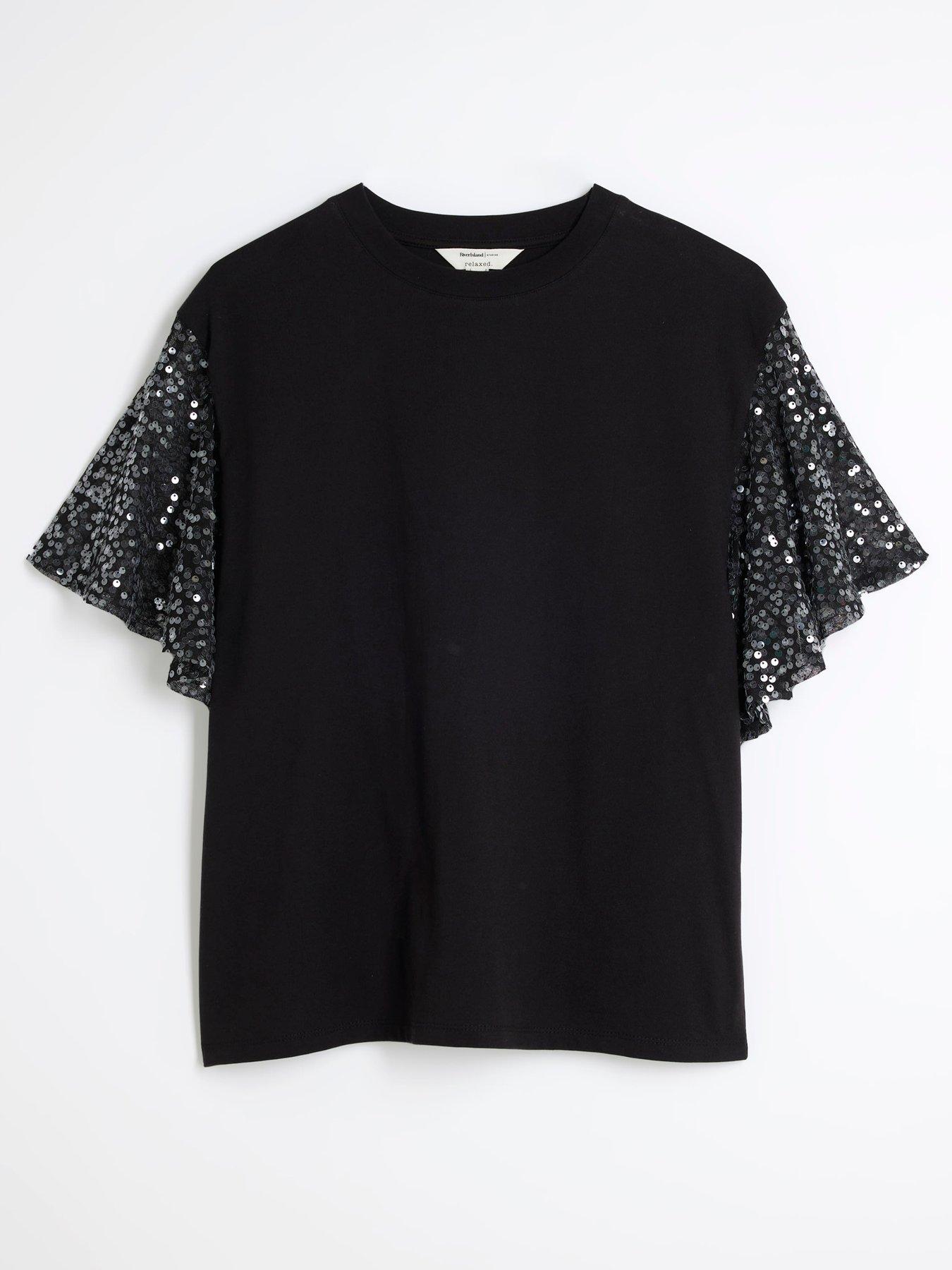 Sequin Sleeve Top Black