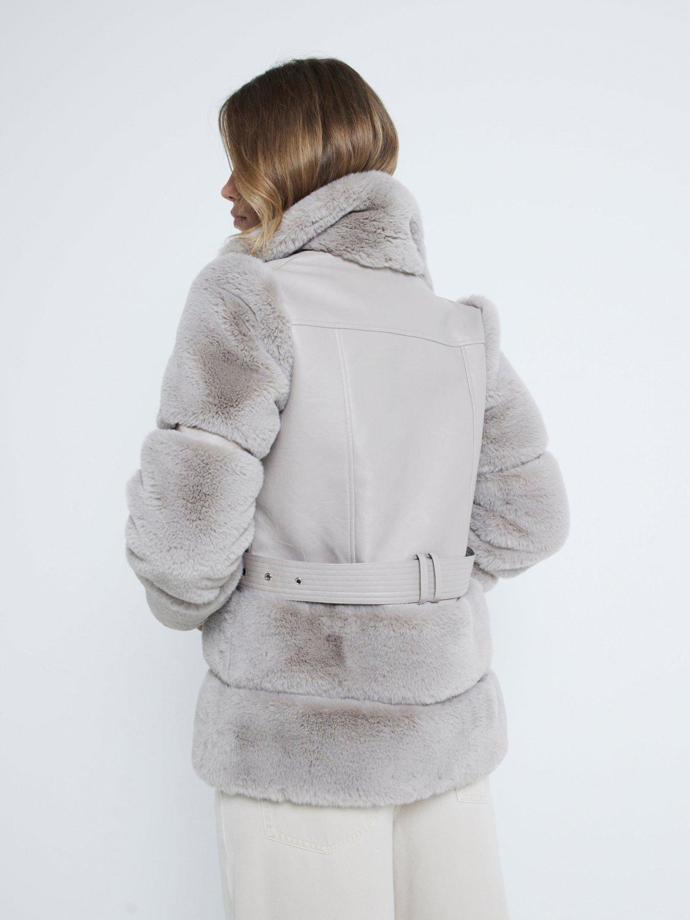 Belted Faux Fur Biker Jacket Light Stone