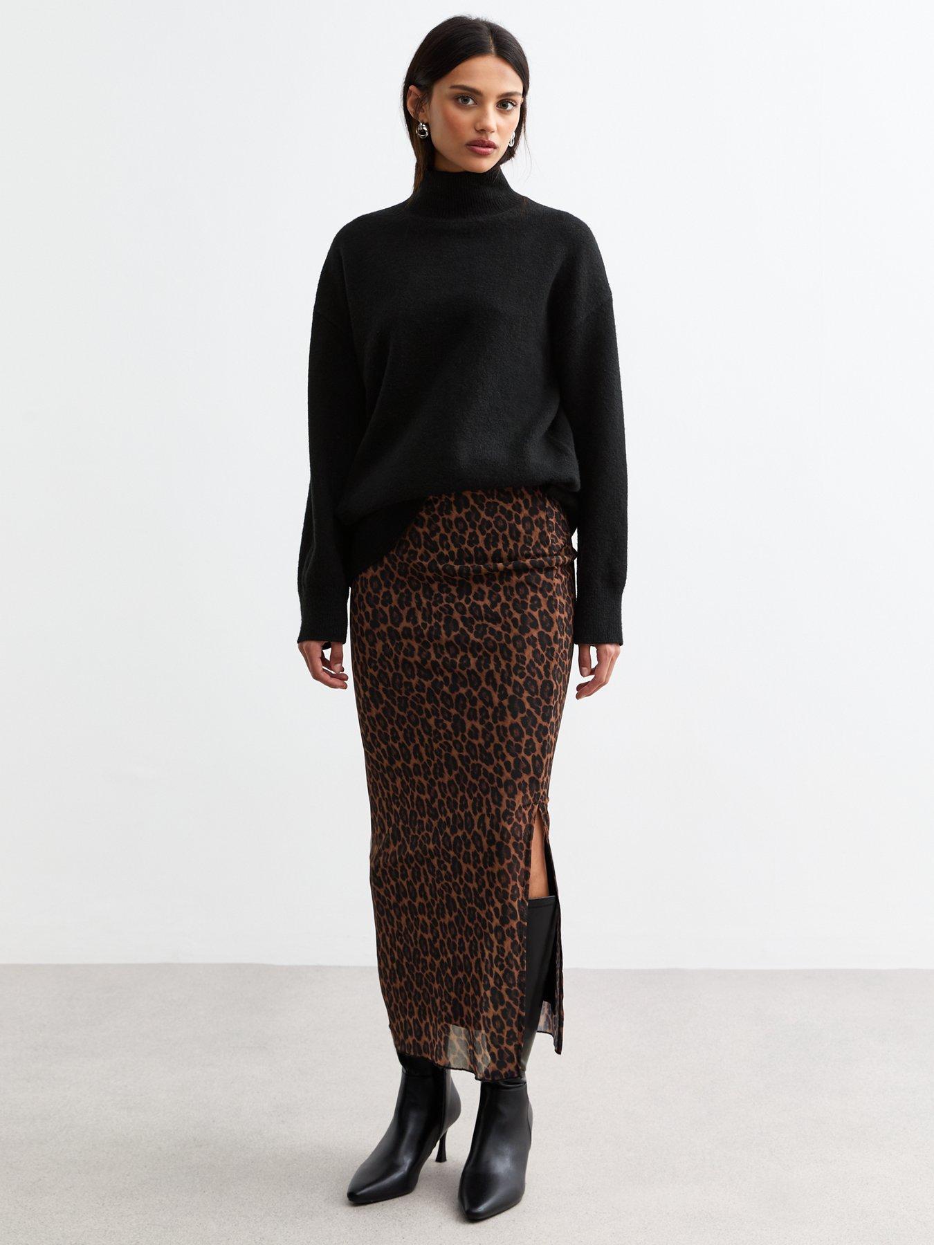 undefined Leopard Mesh Midi Skirt - Brown