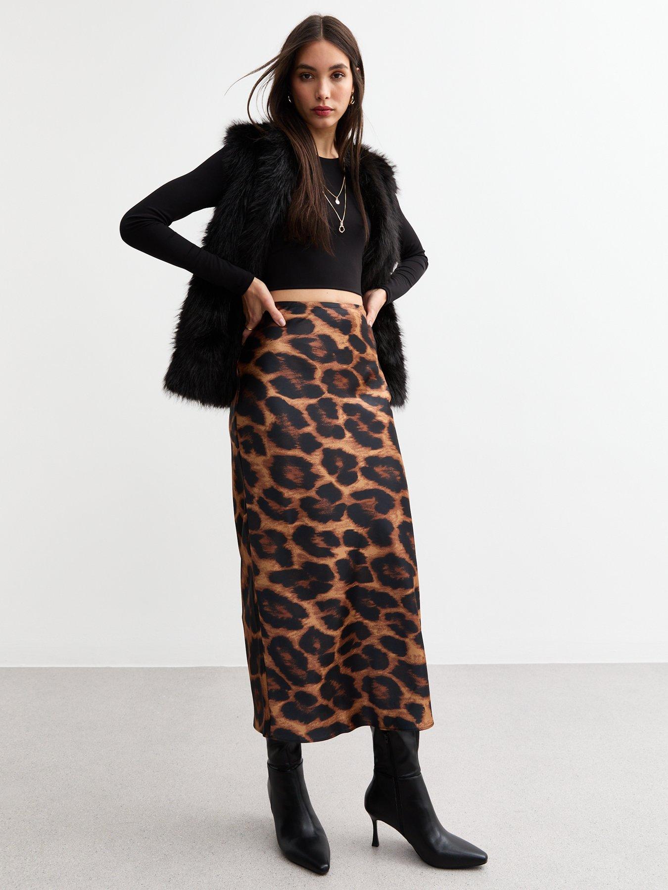 undefined Leopard Satin Midi Skirt - Brown