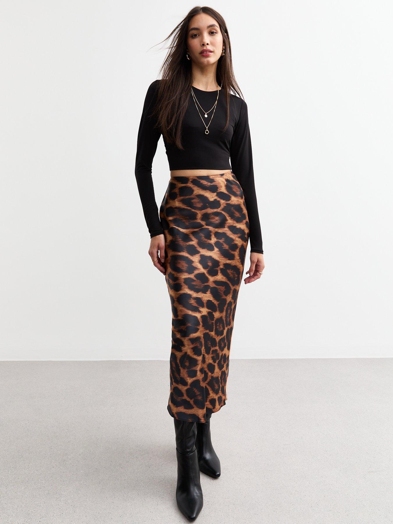 Pencil Skirt Leopard Midi Skirt 48 Brown Satin Leopard Print Midi