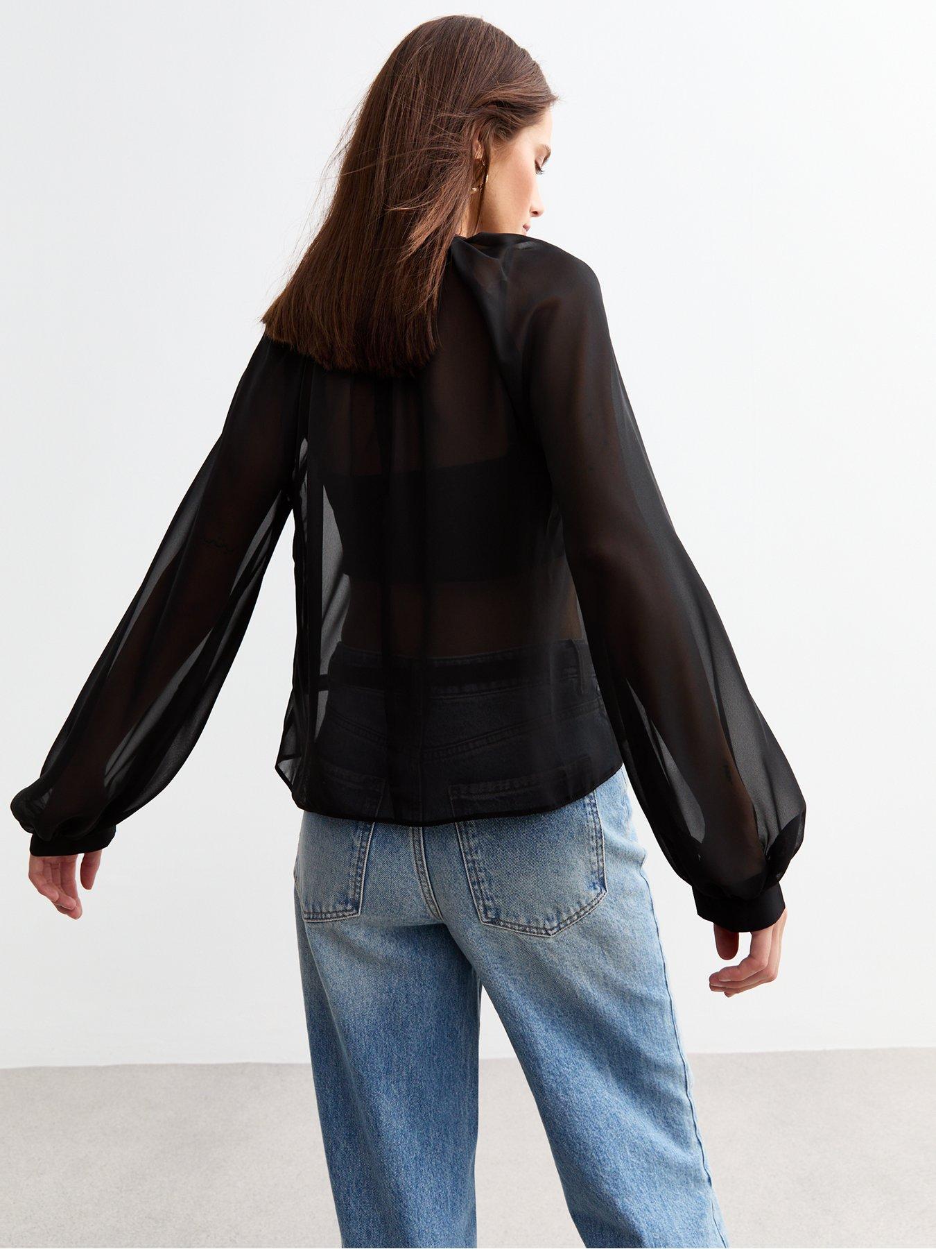 Image 2 of 4 of New Look Chiffon High Neck Blouse - Black
