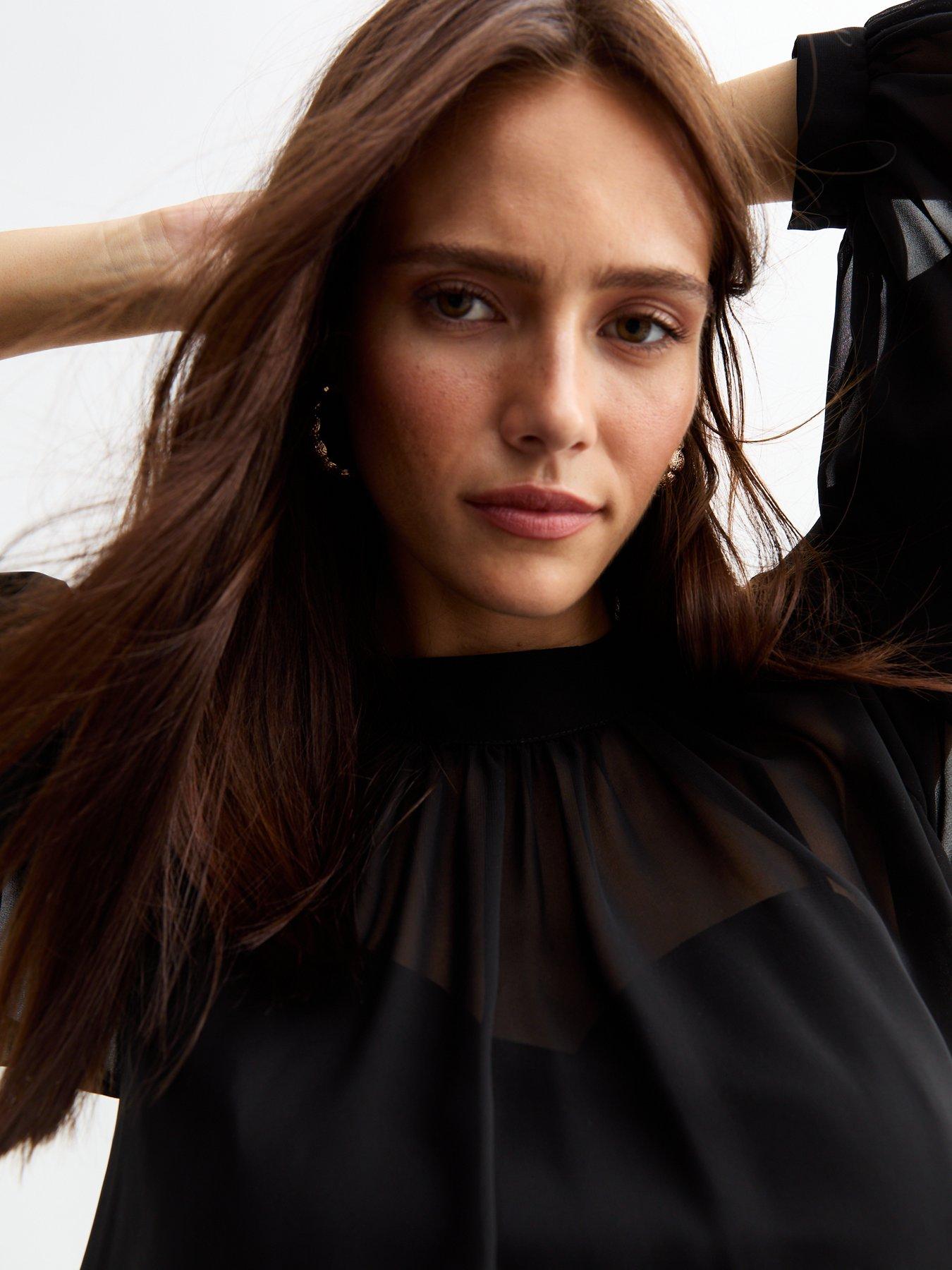 Image 4 of 4 of New Look Chiffon High Neck Blouse - Black