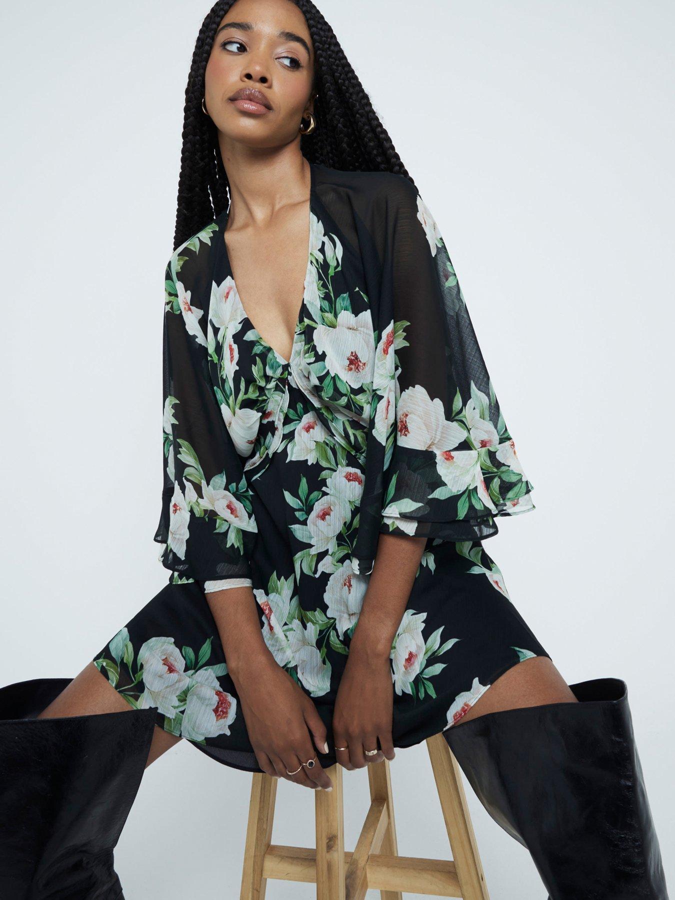 undefined Chiffon Printed Cape Mini Dress - Black