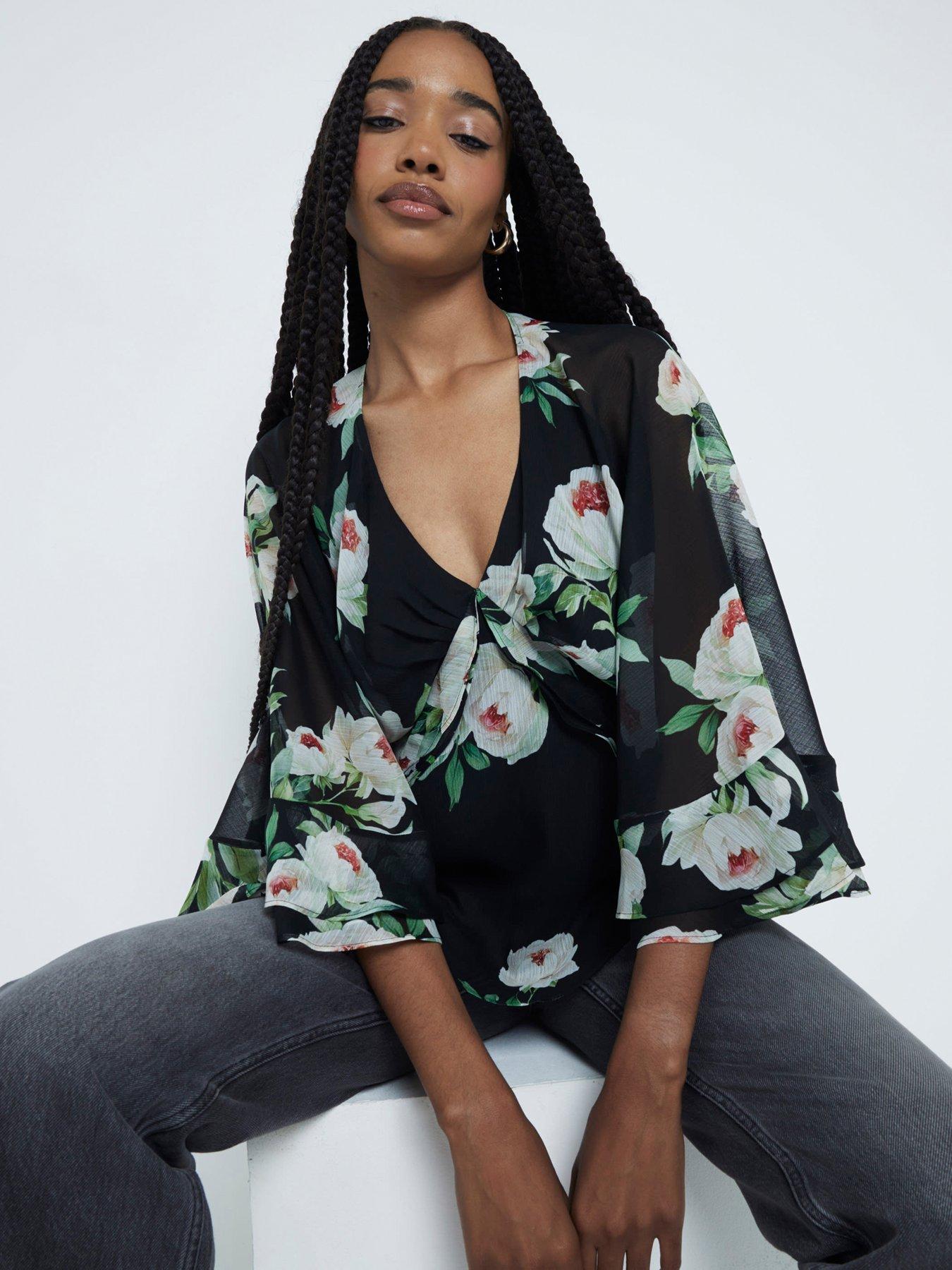 undefined Printed Ruffle Printed Cape Top - Black