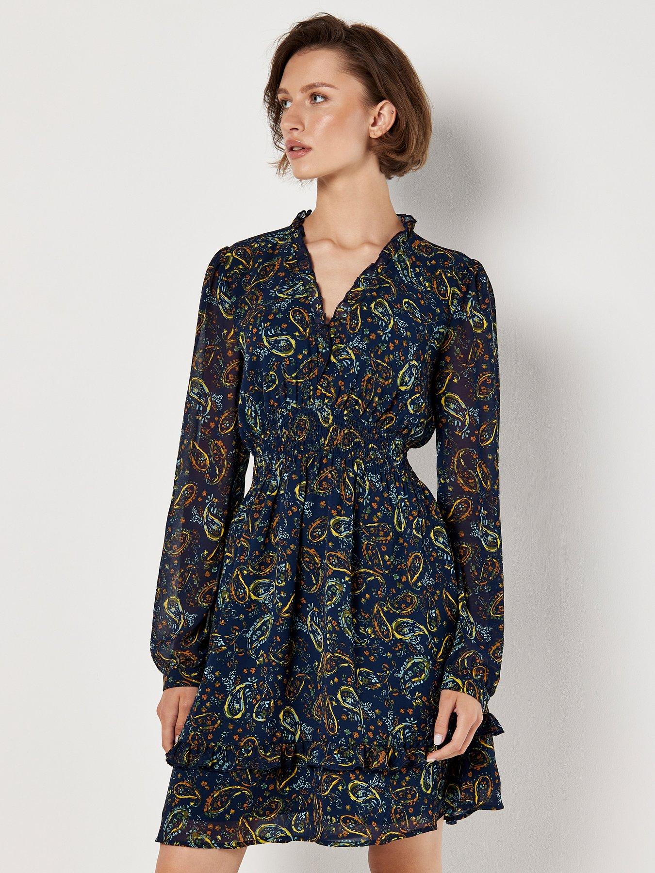 Apricot Painterly Paisley Smock Frill Dress Navy Very