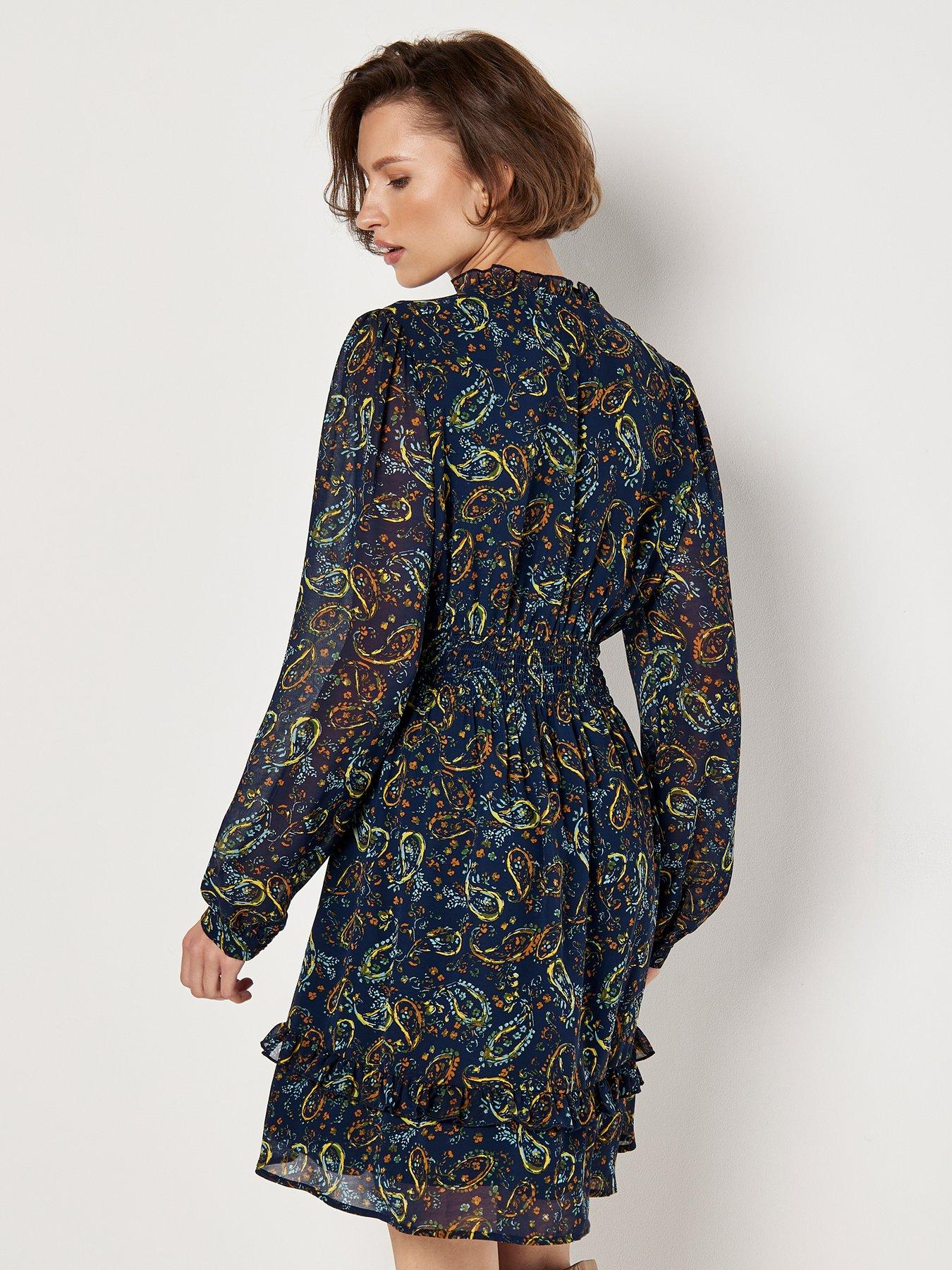 Image 2 of 5 of Apricot Painterly Paisley Smock Frill Dress - Navy