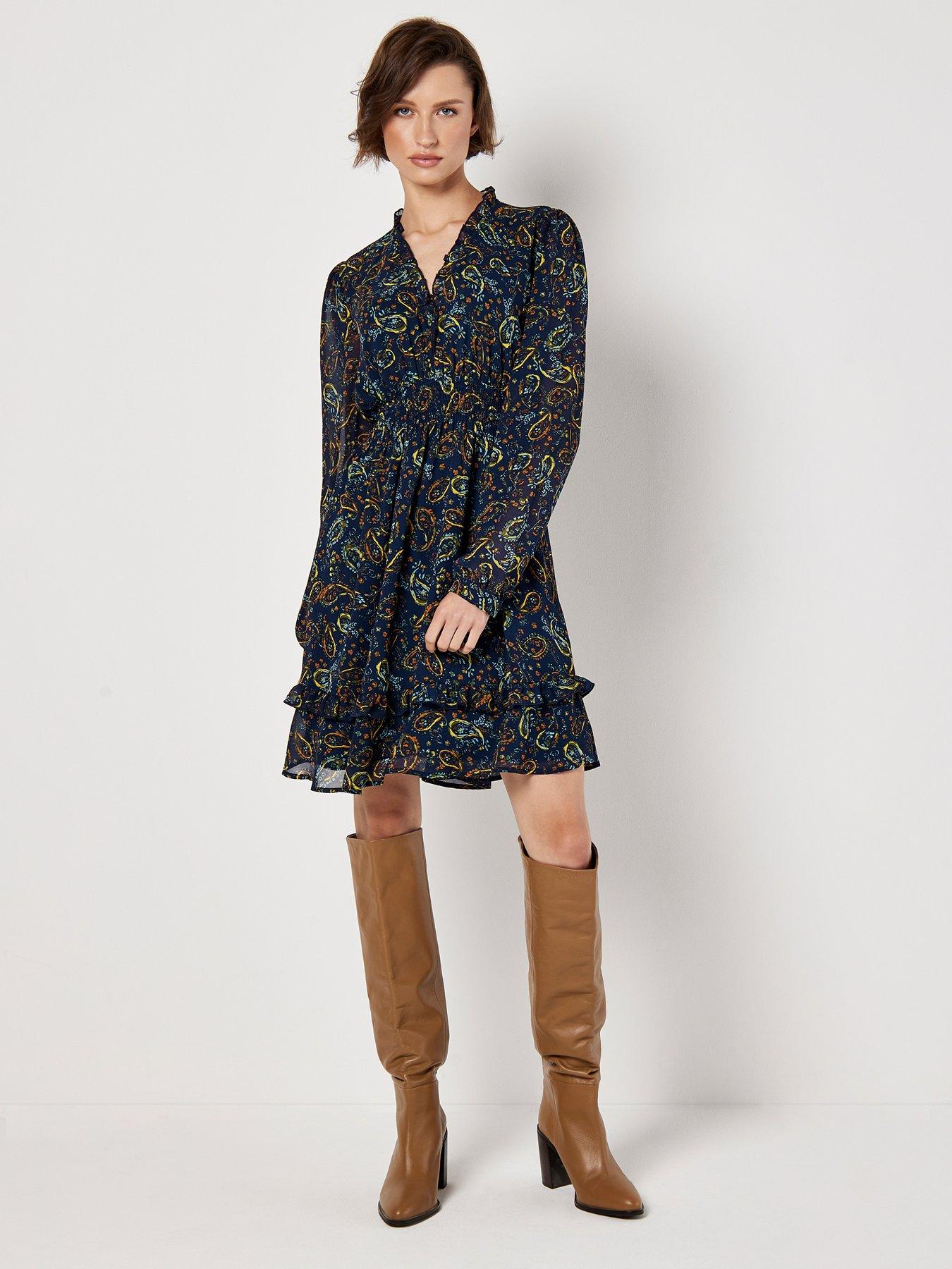 Image 3 of 5 of Apricot Painterly Paisley Smock Frill Dress - Navy