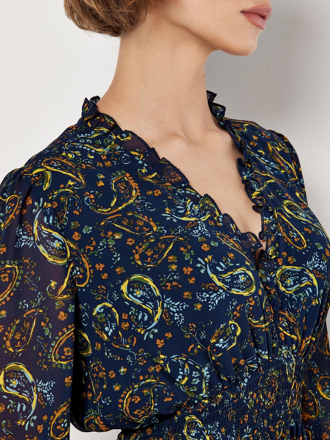 Image 5 of 5 of Apricot Painterly Paisley Smock Frill Dress - Navy