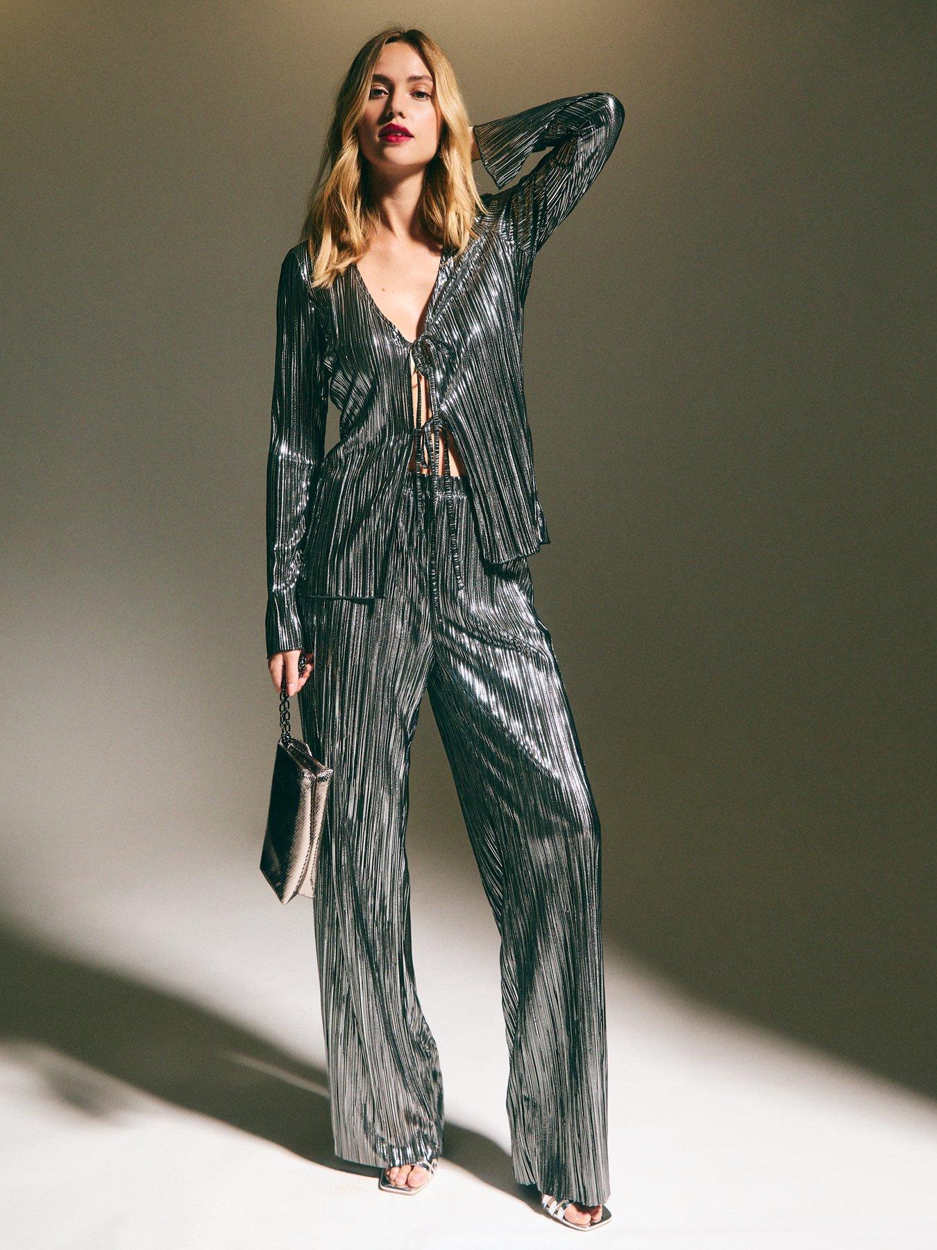 New Look Silver Metallic Plisse Wide Leg Trousers