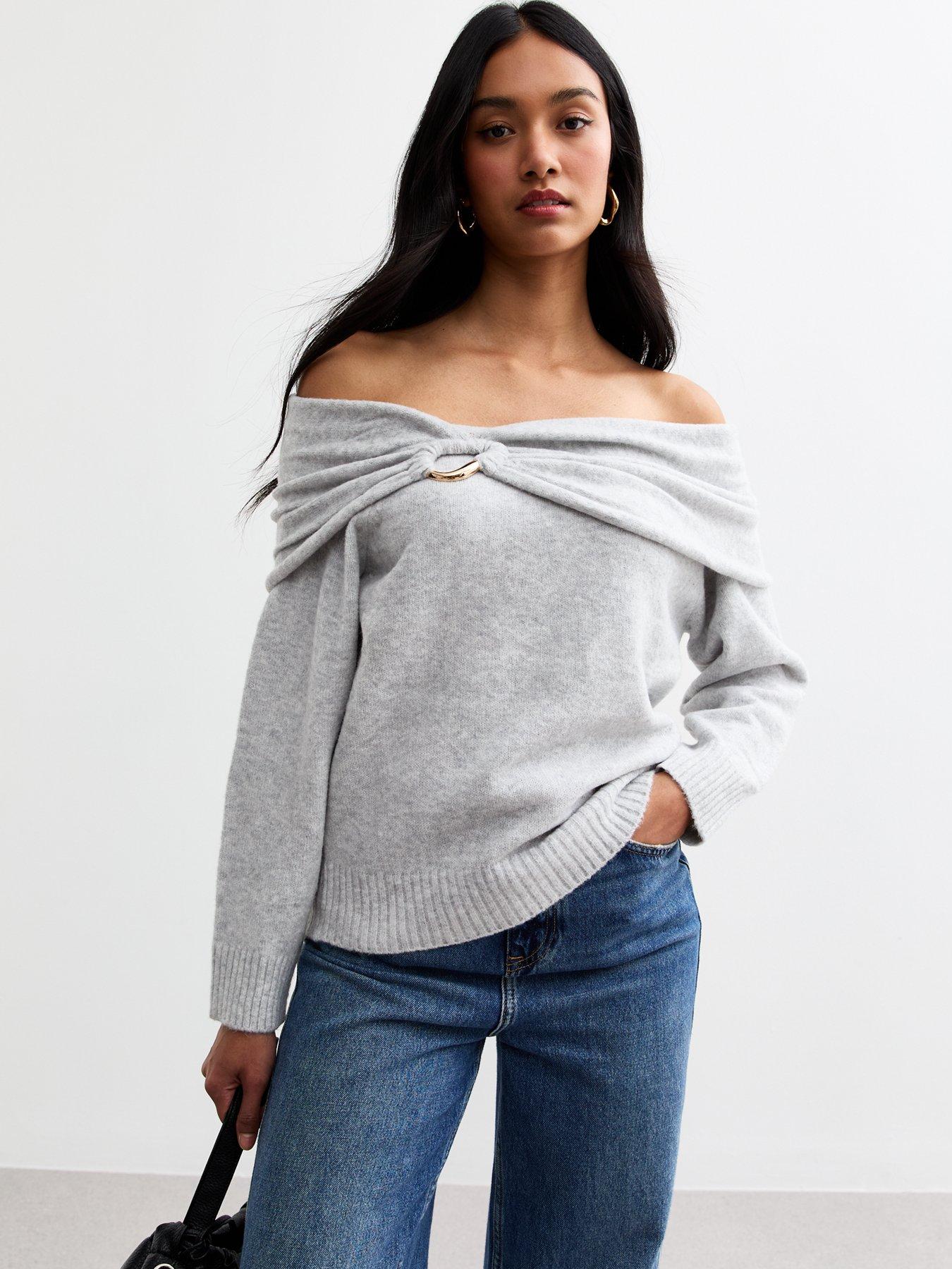 Image 1 of 4 of New Look Ruched Hoop Bardot Jumper - Light Grey