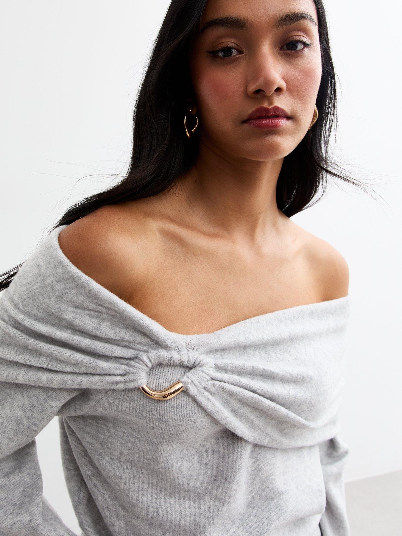 Image 4 of 4 of New Look Ruched Hoop Bardot Jumper - Light Grey