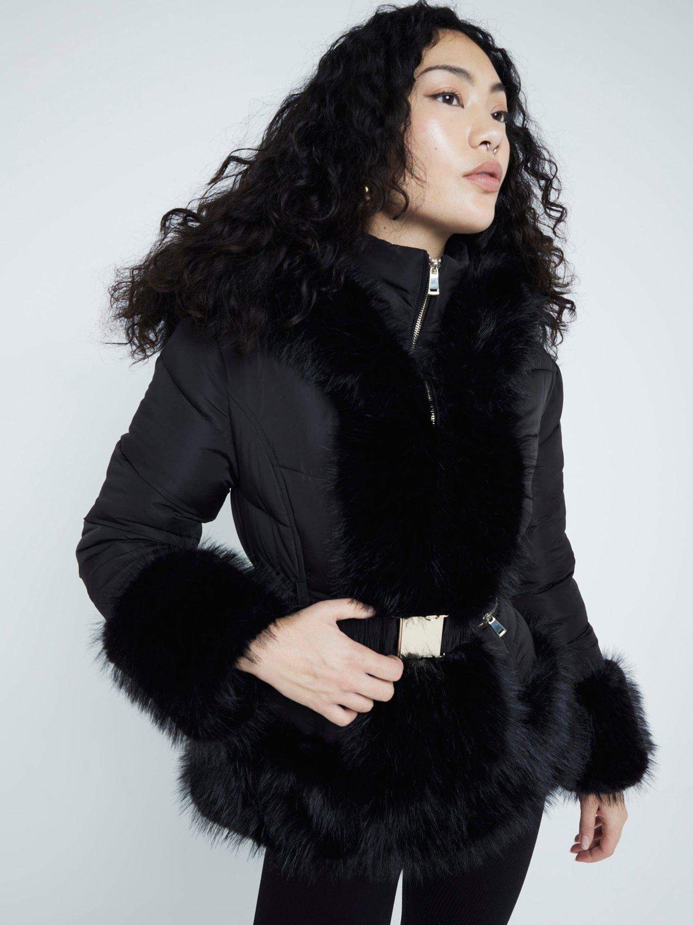 River island black fur jacket hotsell