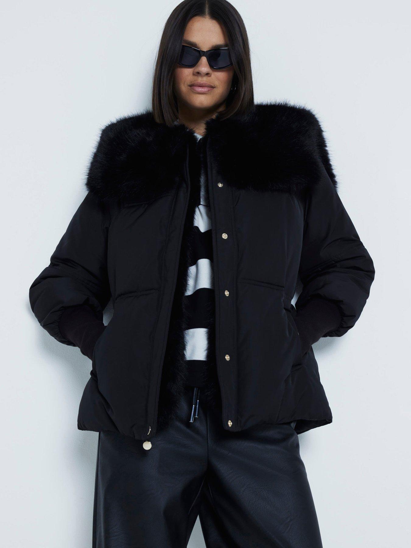 River Island Padded Faux Fur Collar Jacket Black Very
