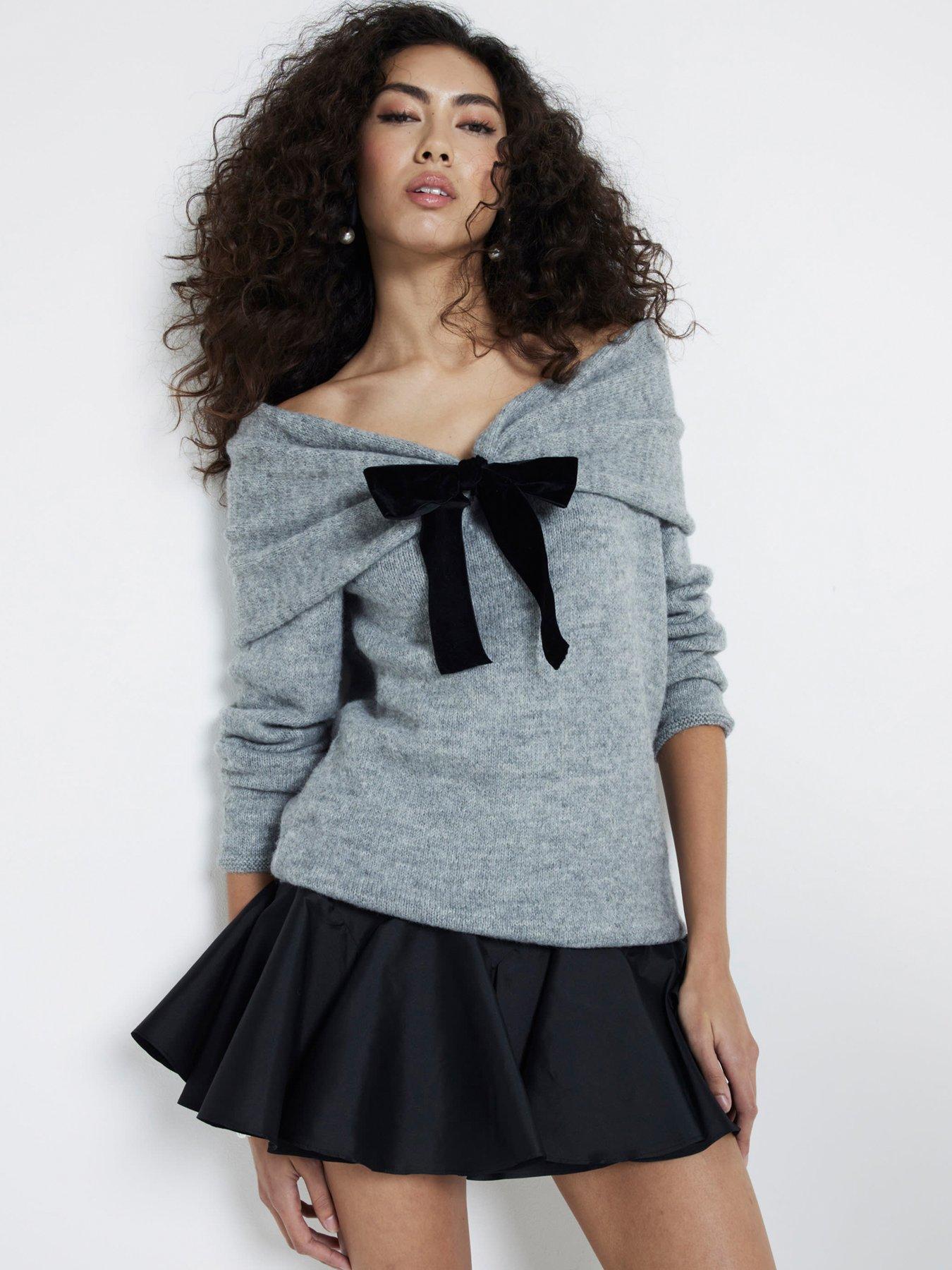undefined Bardot Bow Jumper - Light Grey