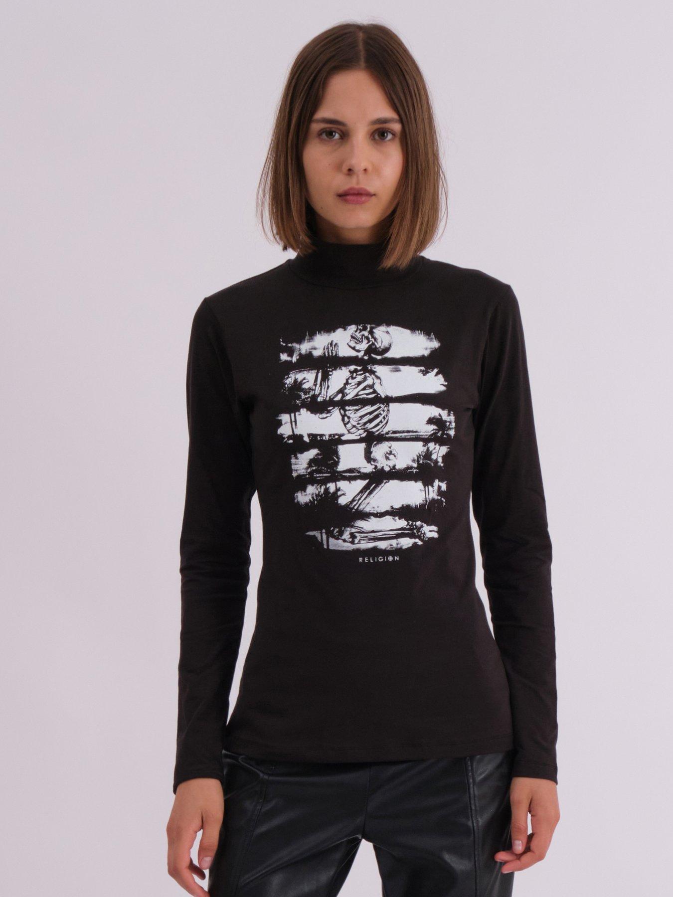 Image 1 of 5 of Religion Skeleton Printed Edge Roll Neck Top - Black