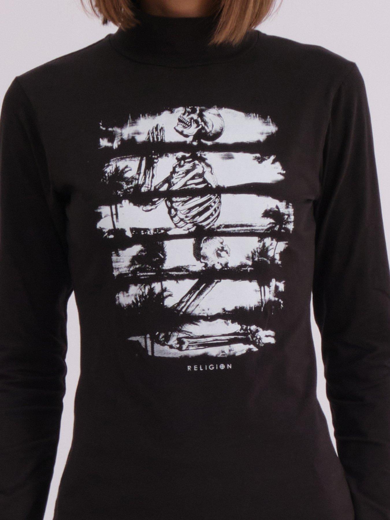 Image 5 of 5 of Religion Skeleton Printed Edge Roll Neck Top - Black