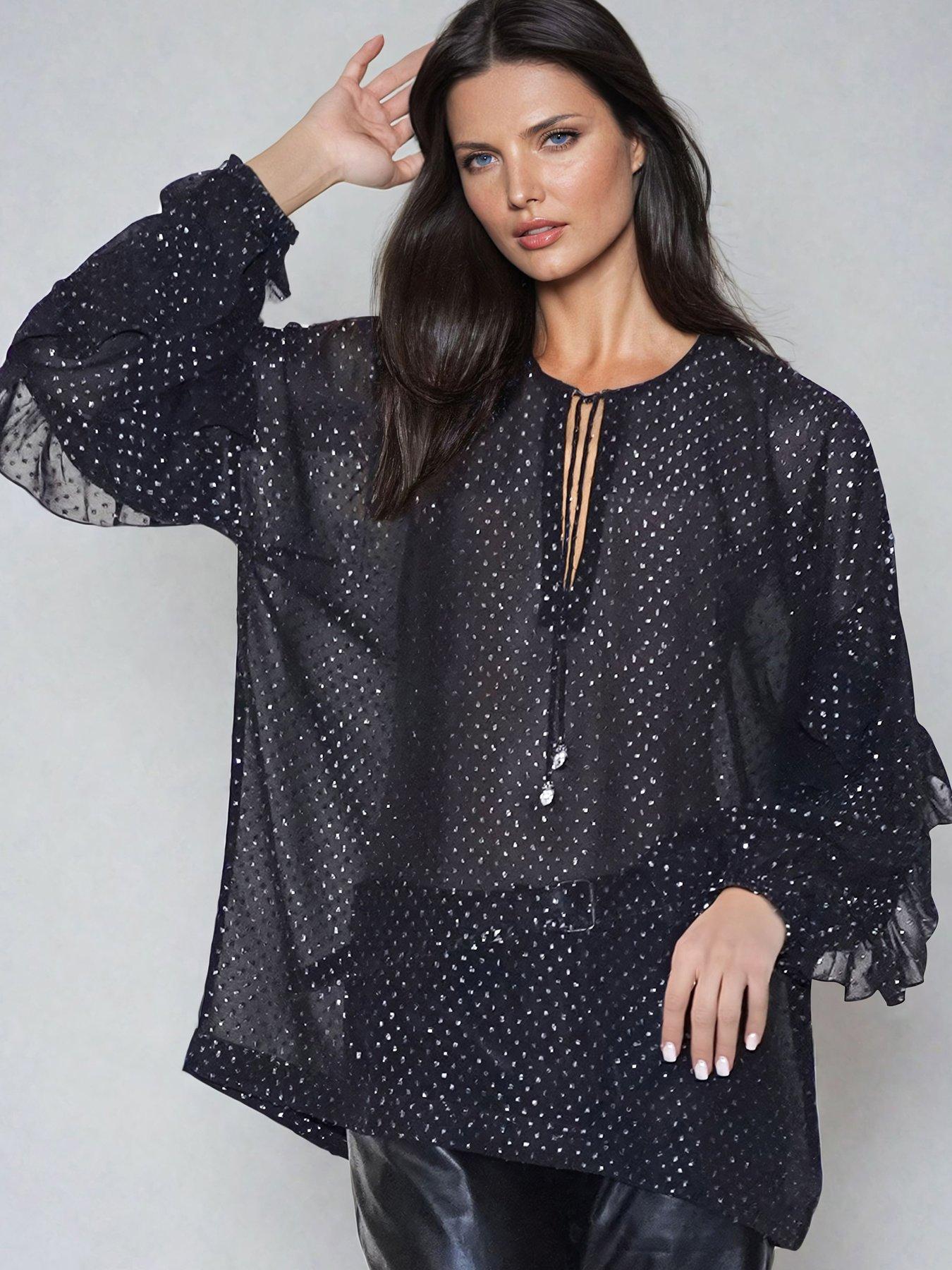 Oversized Lurex Sheer Tunic Blouse Black