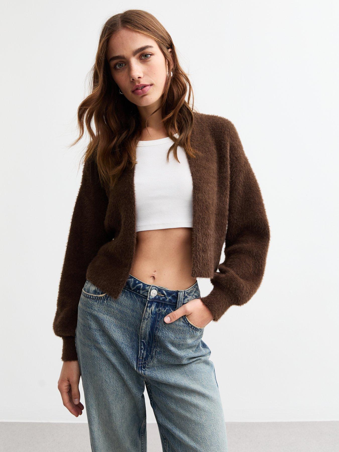 undefined Metallic Thread Fluffy Crop Cardigan - Brown