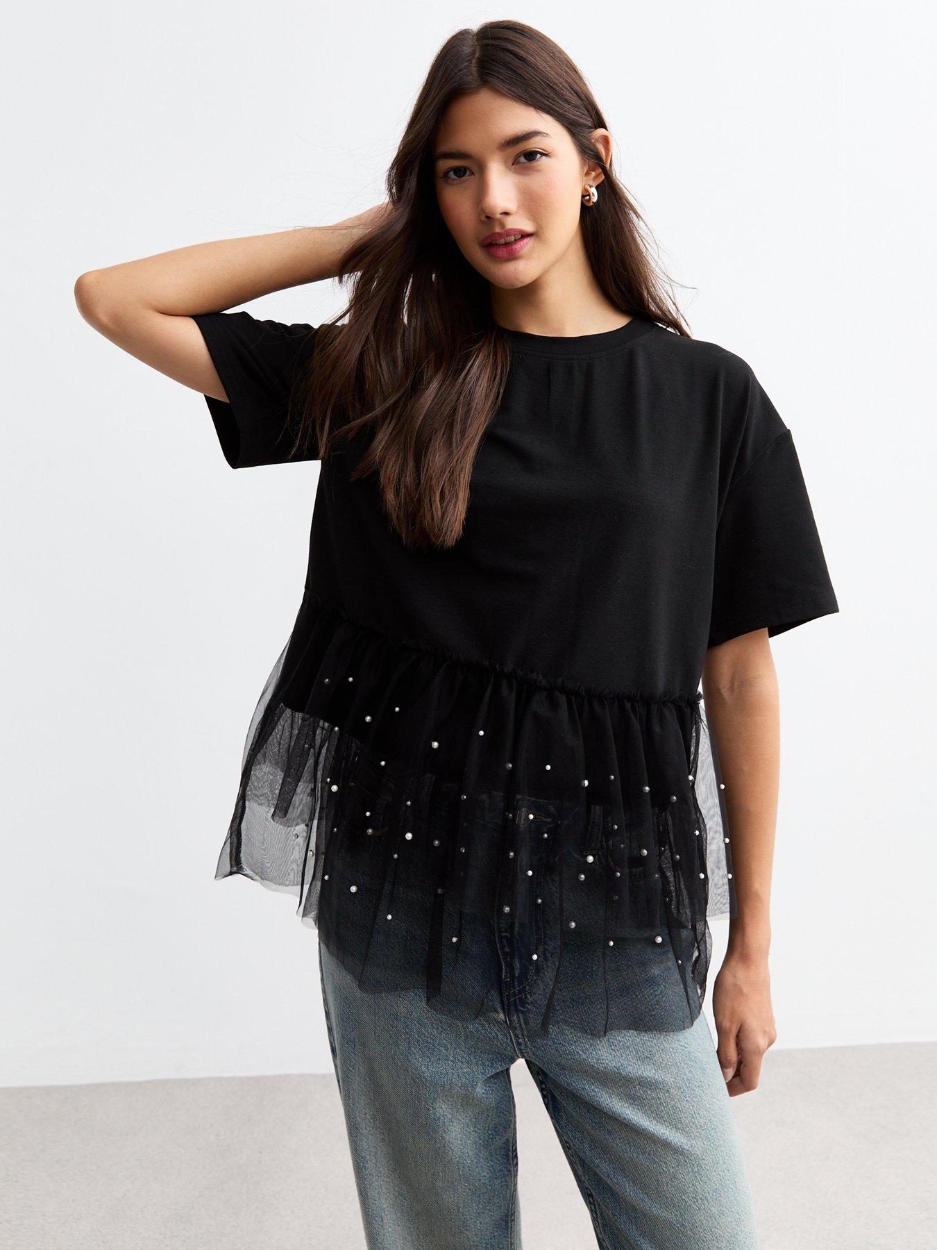 undefined Faux Pearl Tulle And Jersey T-Shirt - Black