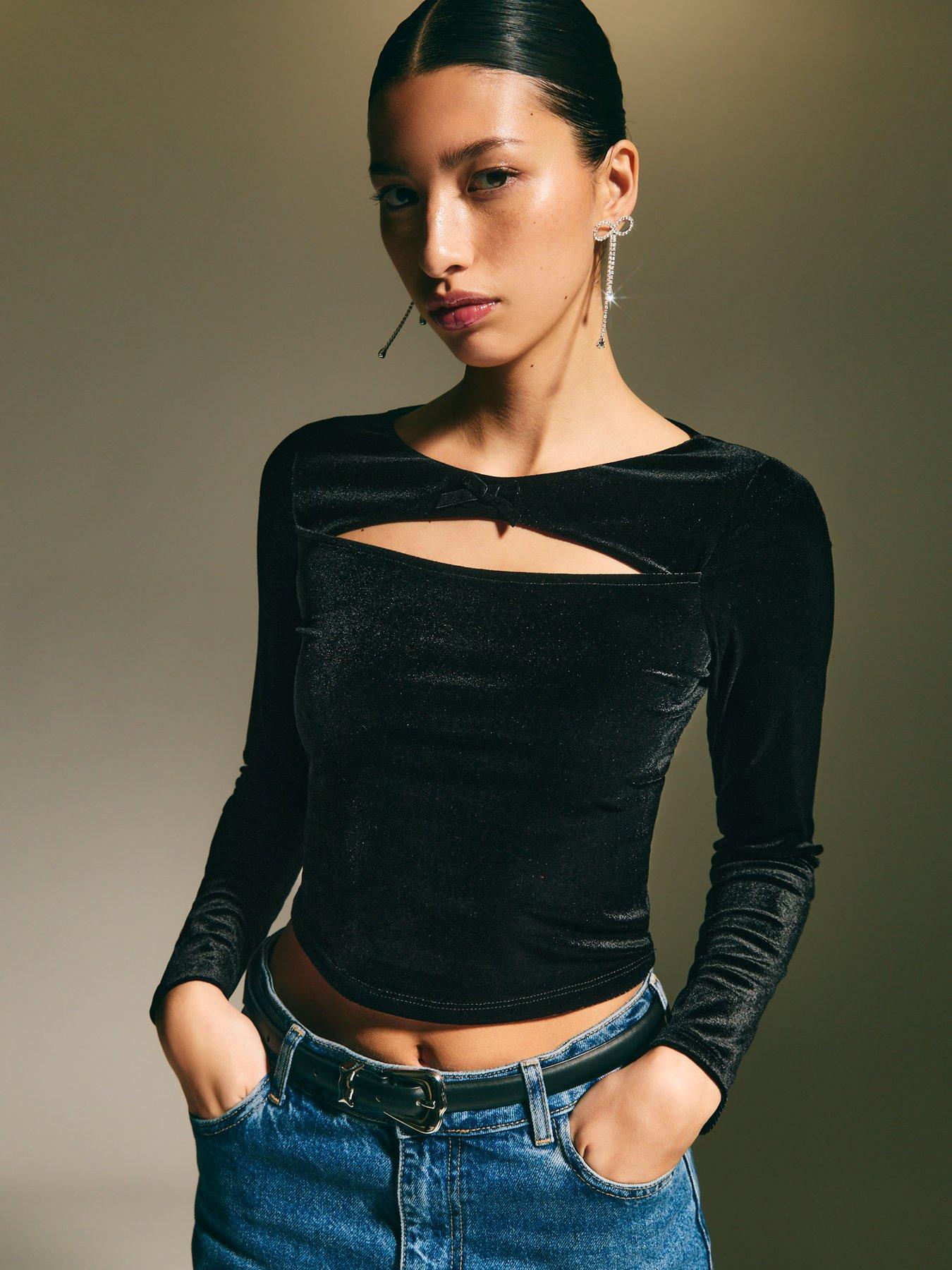 undefined Bow Cutout Stretch Velvet Long Sleeve Top - Black