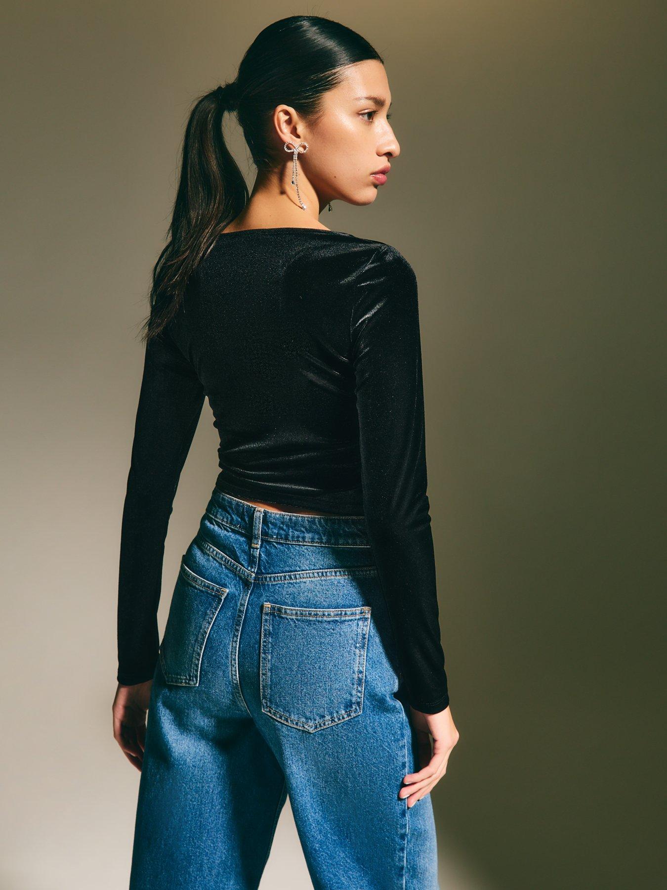 Image 2 of 4 of New Look Bow Cutout Stretch Velvet Long Sleeve Top - Black